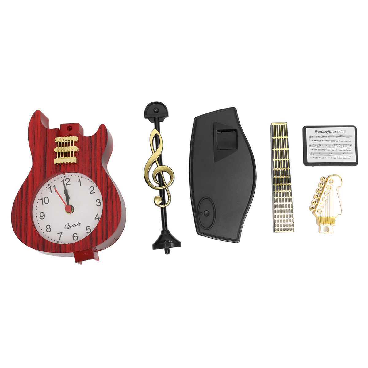 Eine rote Gitarrenuhr mit anderen Gitarrenteilen, die darum angeordnet sind.