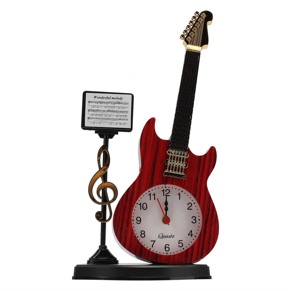 Gitarrenförmige Uhr neben einem Notenständer mit Noten. Weißer Hintergrund.