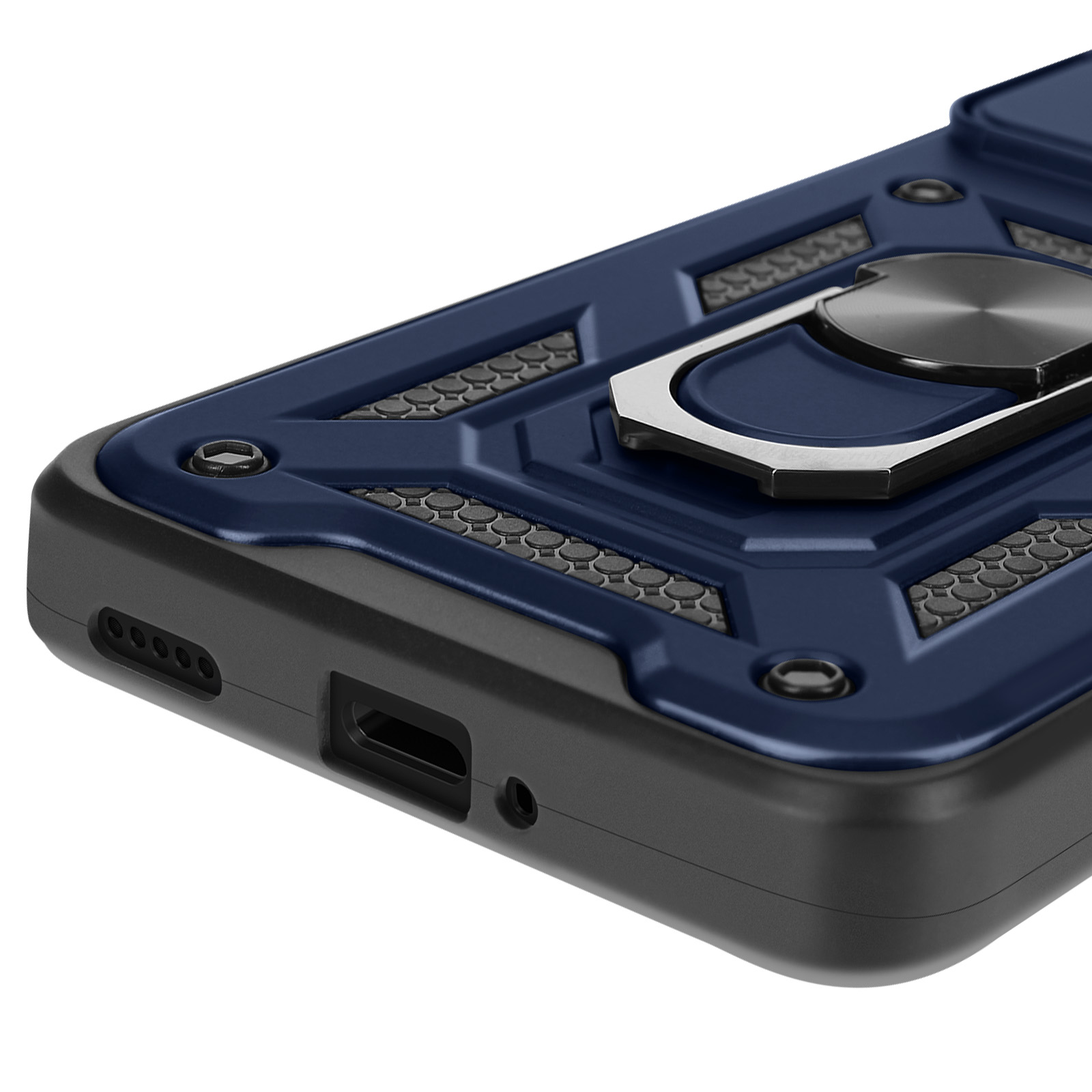 Primo piano di una custodia per telefono blu scuro con supporto ad anello argentato e dettagli neri.