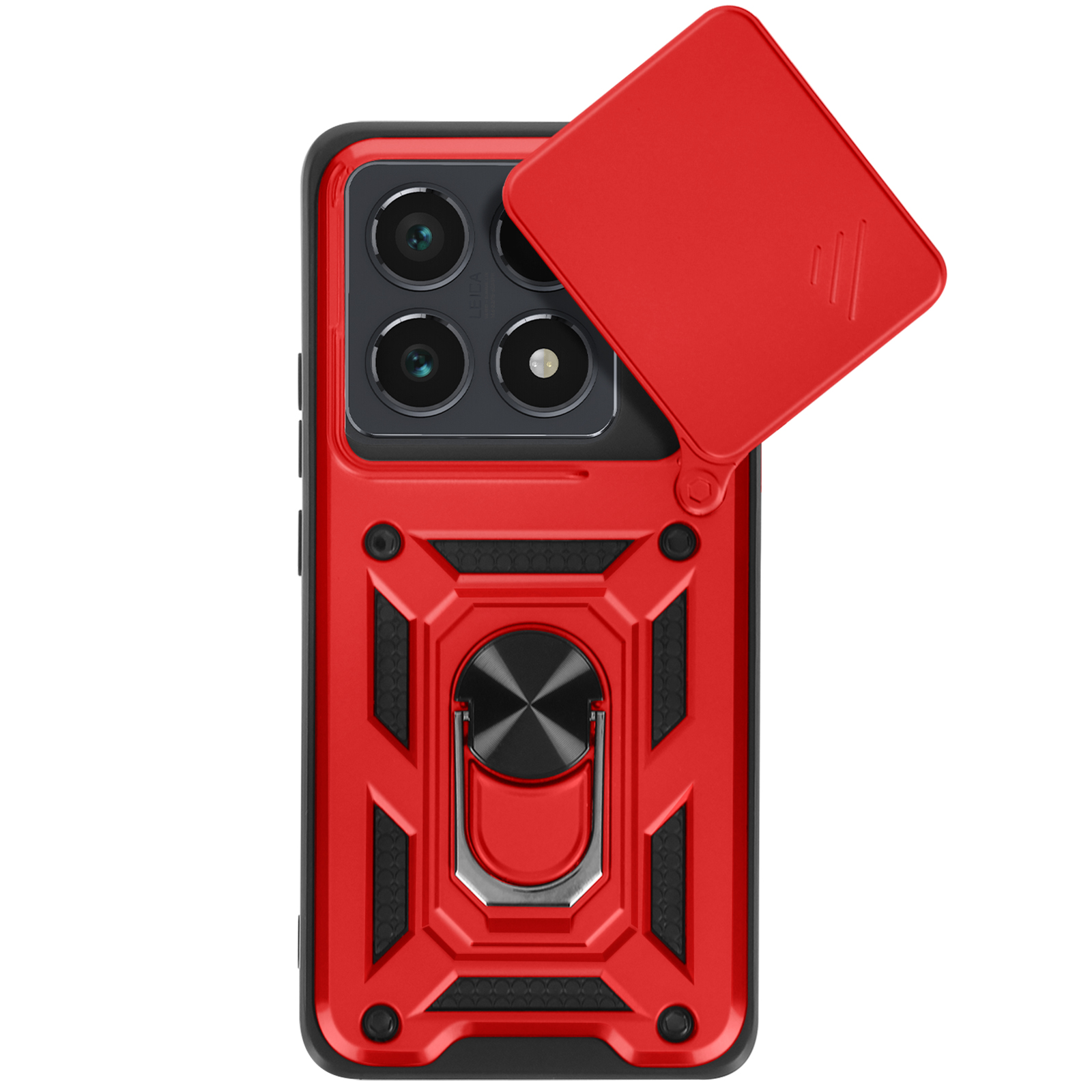 Custodia per telefono rossa e nera con copertura fotocamera e supporto ad anello.