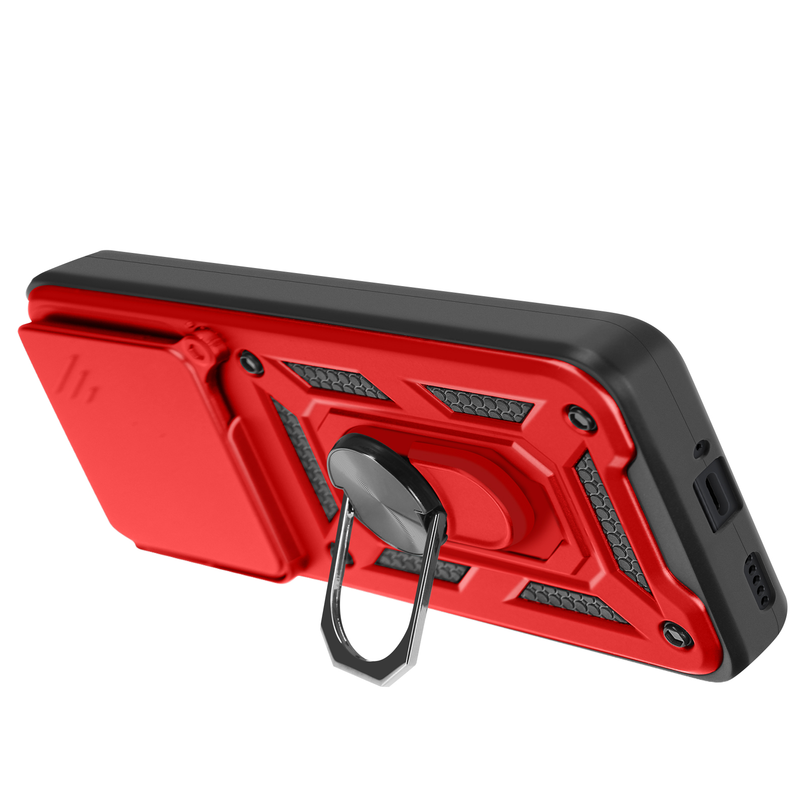 Una custodia per telefono rossa e nera con un supporto ad anello e una copertura scorrevole per la fotocamera.