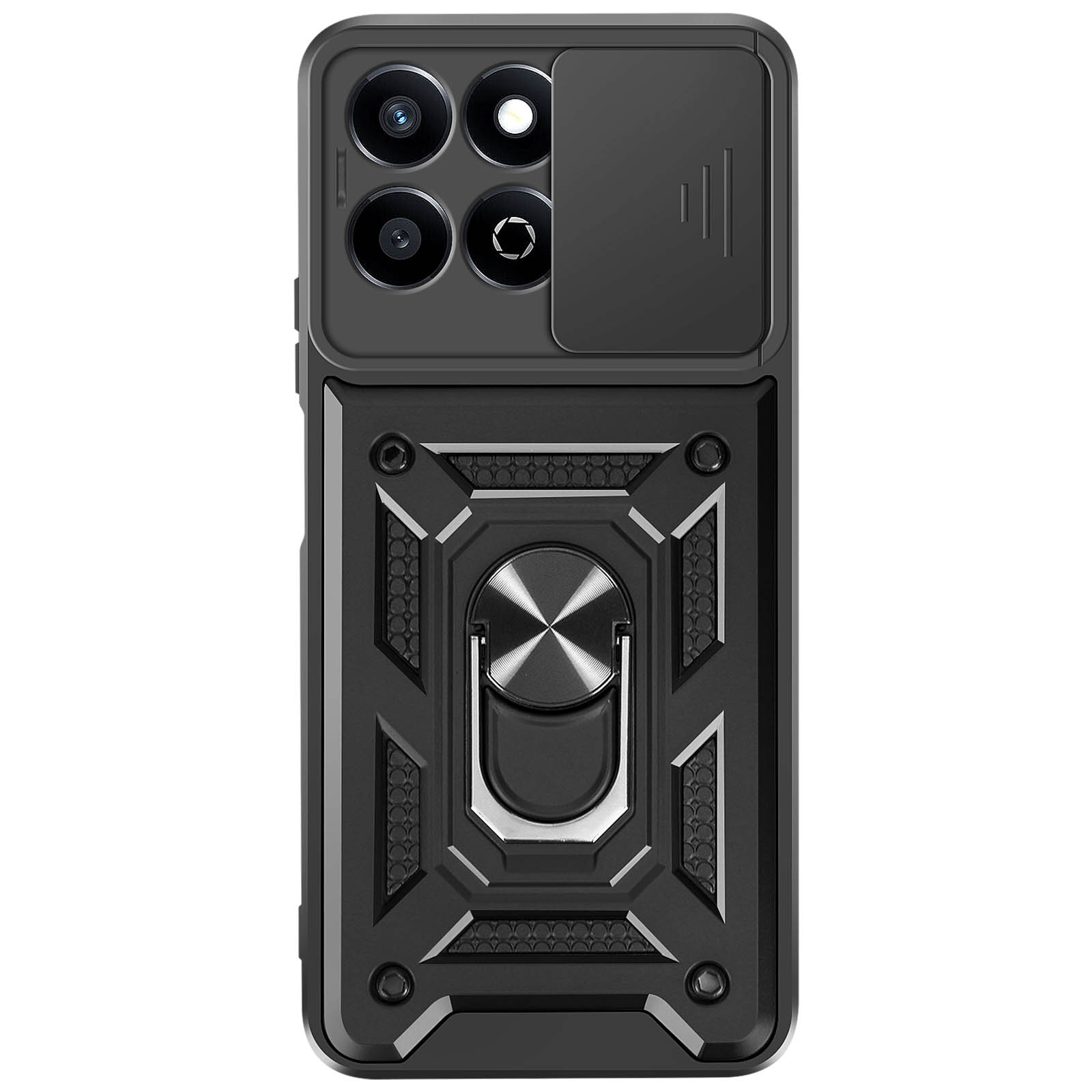 Custodia per telefono nera con fotocamera e supporto ad anello su sfondo bianco.