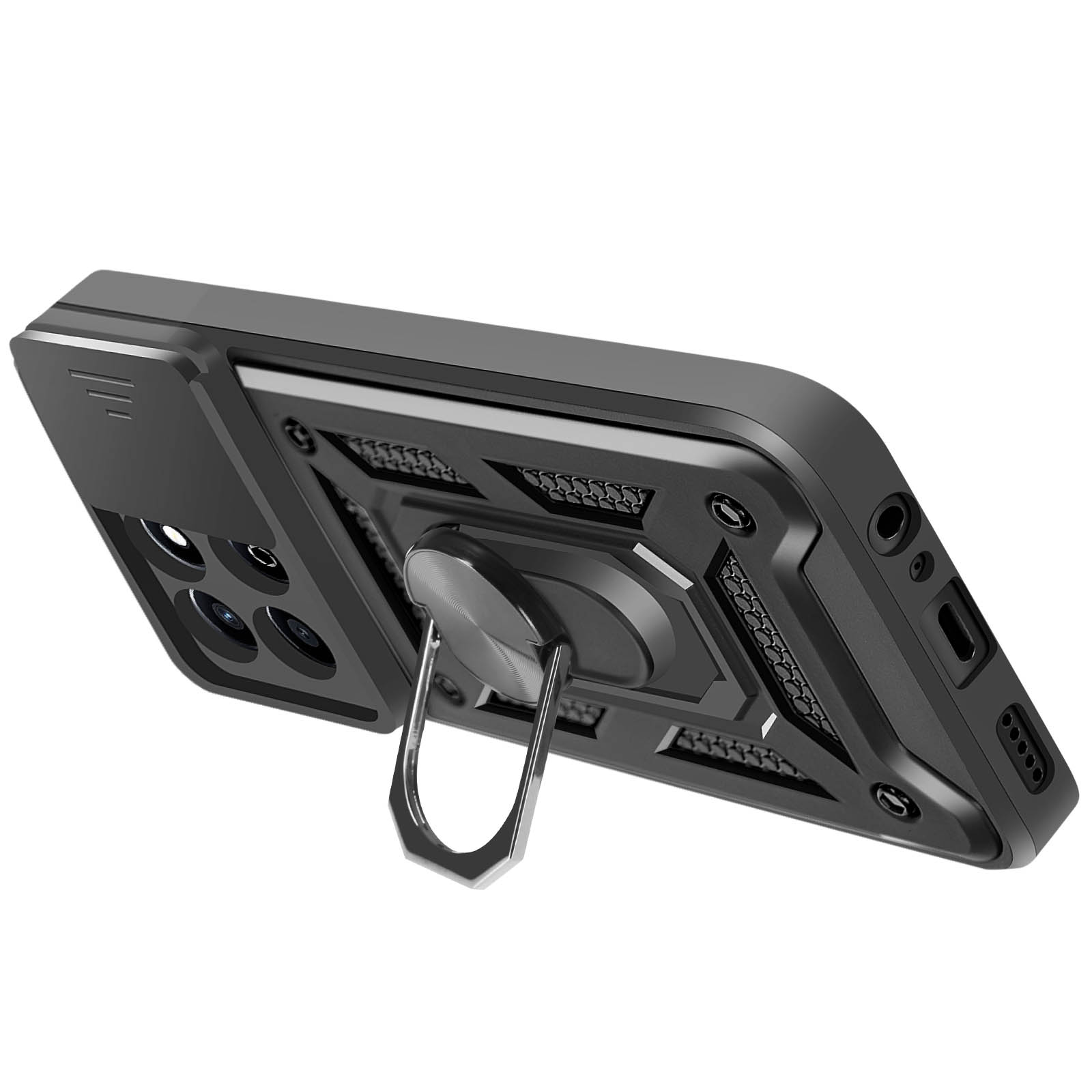 Custodia nera per telefono con anello e protezione fotocamera.