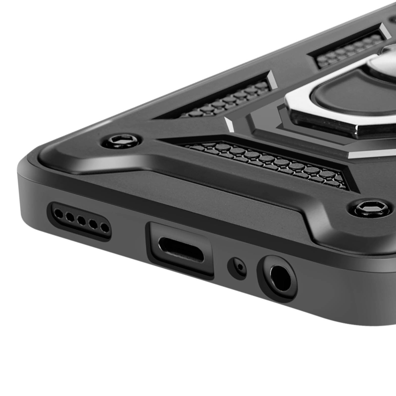 Primo piano di una custodia per telefono nera con un anello di metallo. La custodia ha un design strutturato.