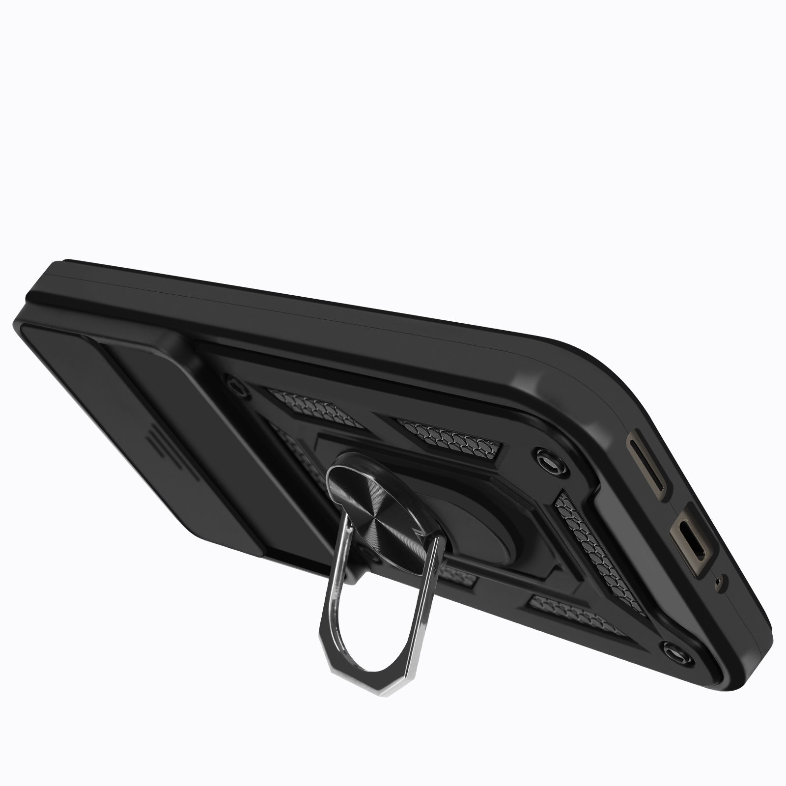 Una custodia nera per telefono con un supporto ad anello, angolato, su sfondo bianco, che mostra i dettagli laterali.