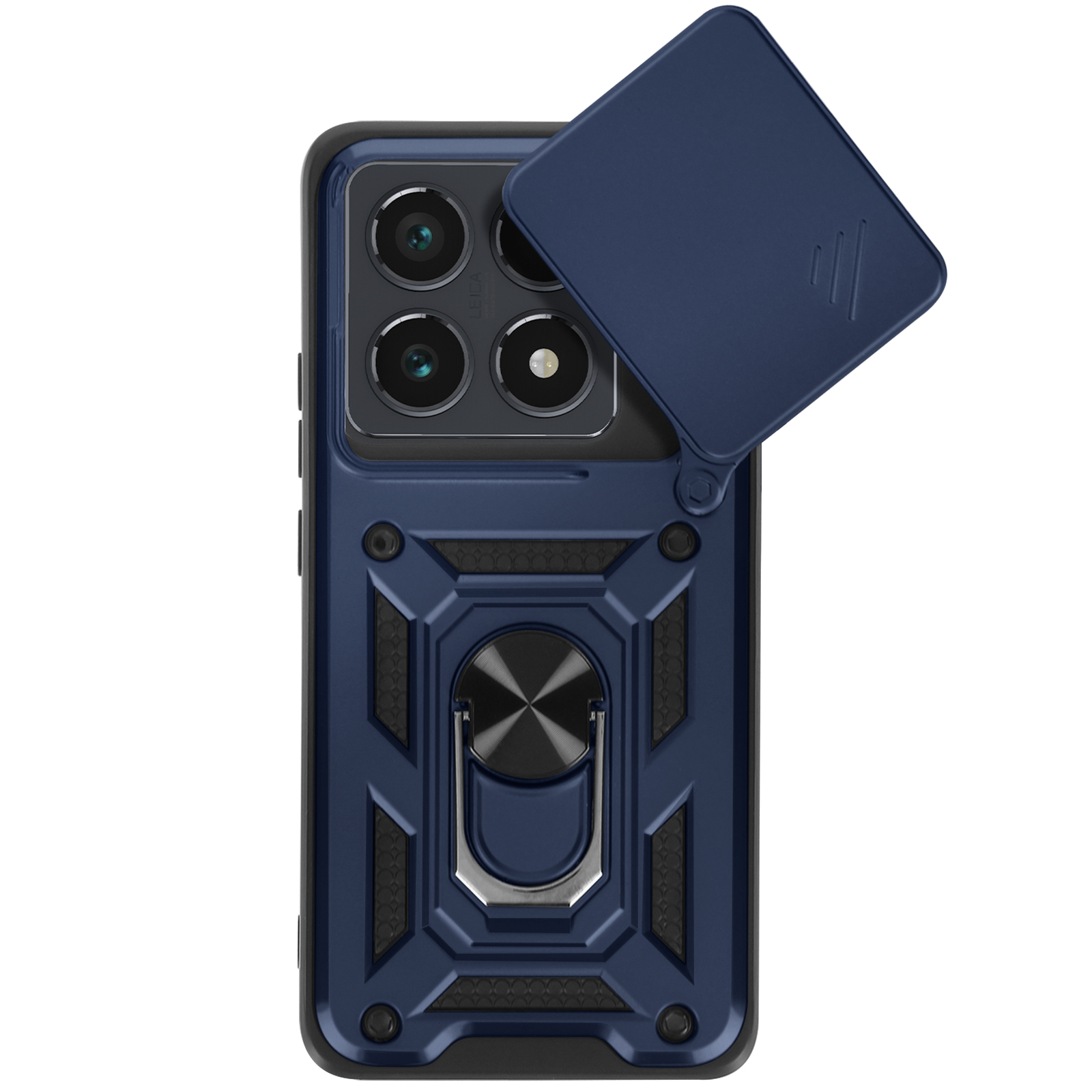 Custodia blu per telefono con copertura della fotocamera aperta. Ha un supporto ad anello.