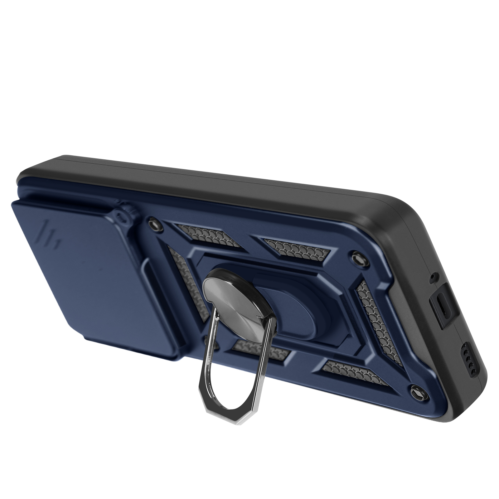 Custodia per telefono blu e nera con protezione fotocamera e anello.
