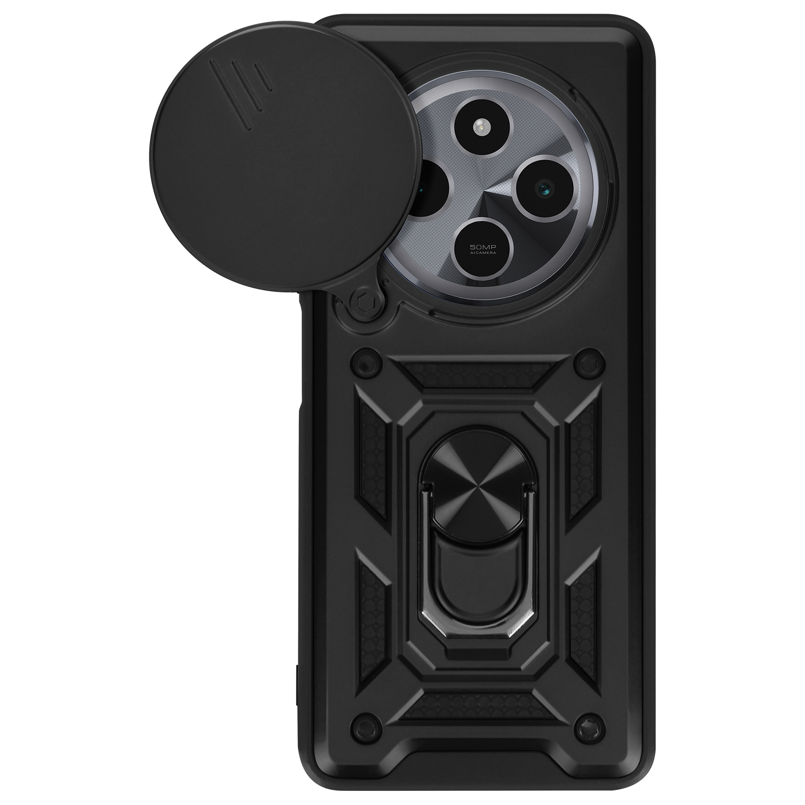 Custodia per telefono nera con copertura dell'obiettivo della fotocamera aperta. Portanello in basso, design strutturato.