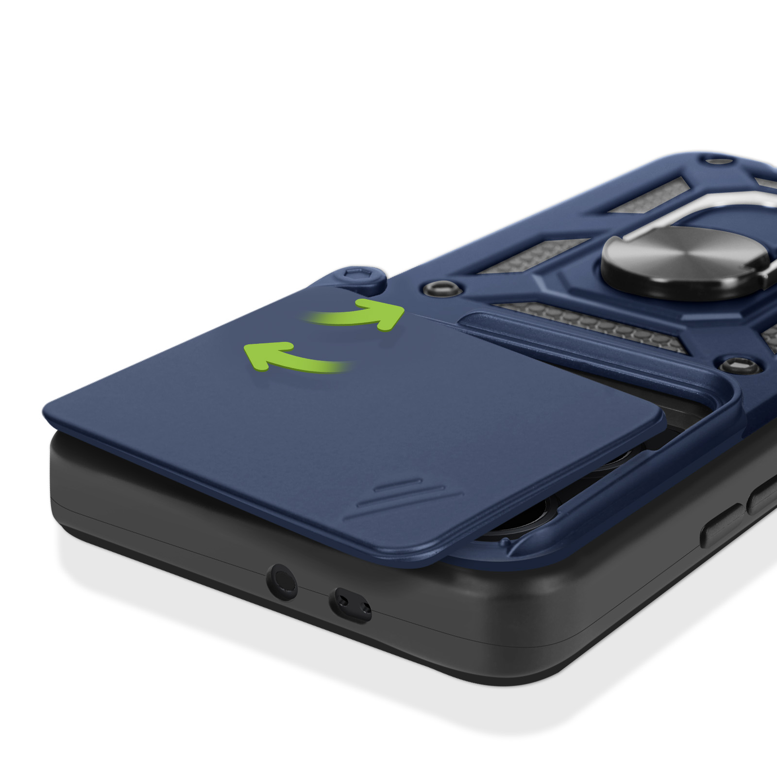 Custodia per telefono con una copertura blu che si apre per rivelare il telefono all'interno, con frecce verdi.
