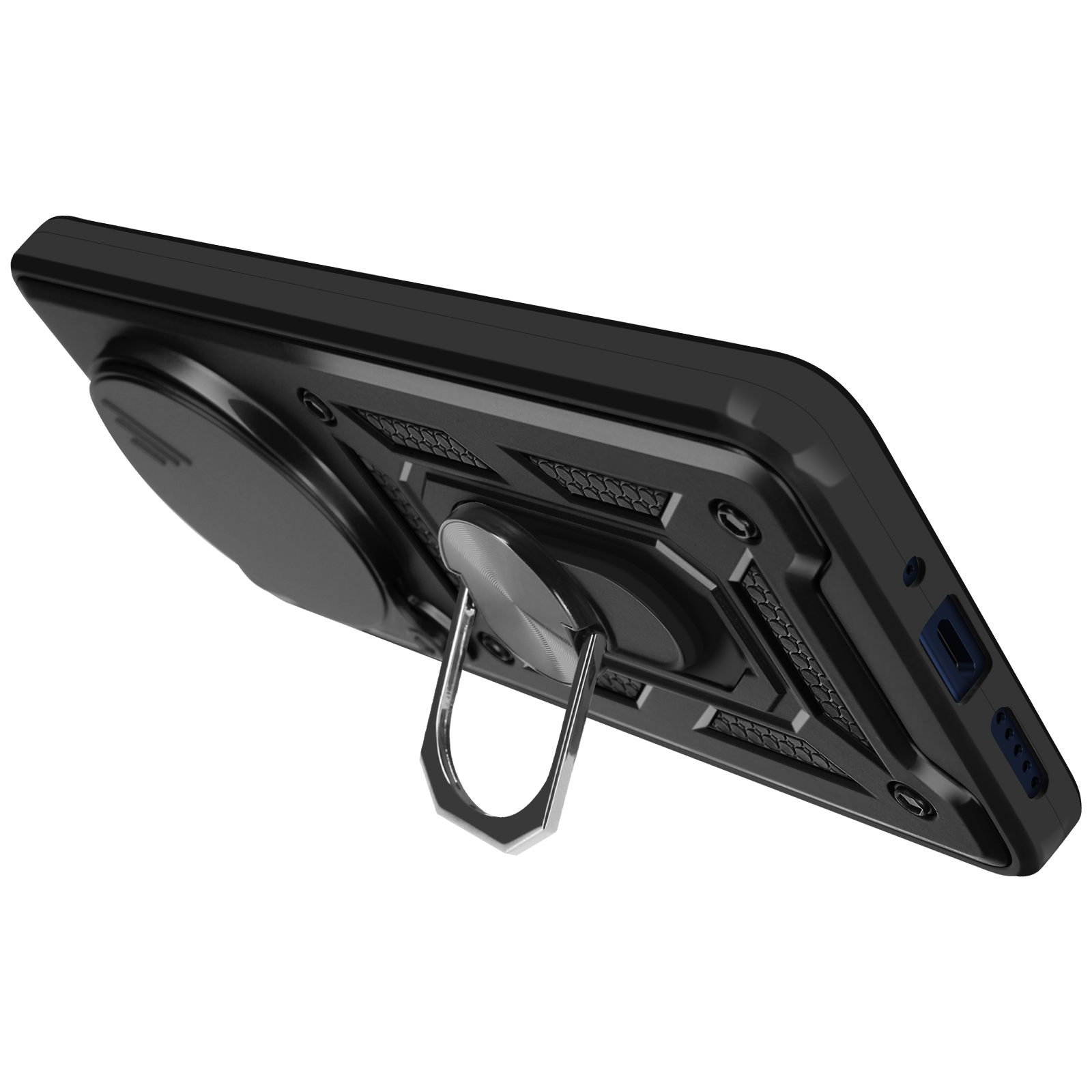 Custodia per telefono nera con anello. Ha una protezione per la fotocamera.
