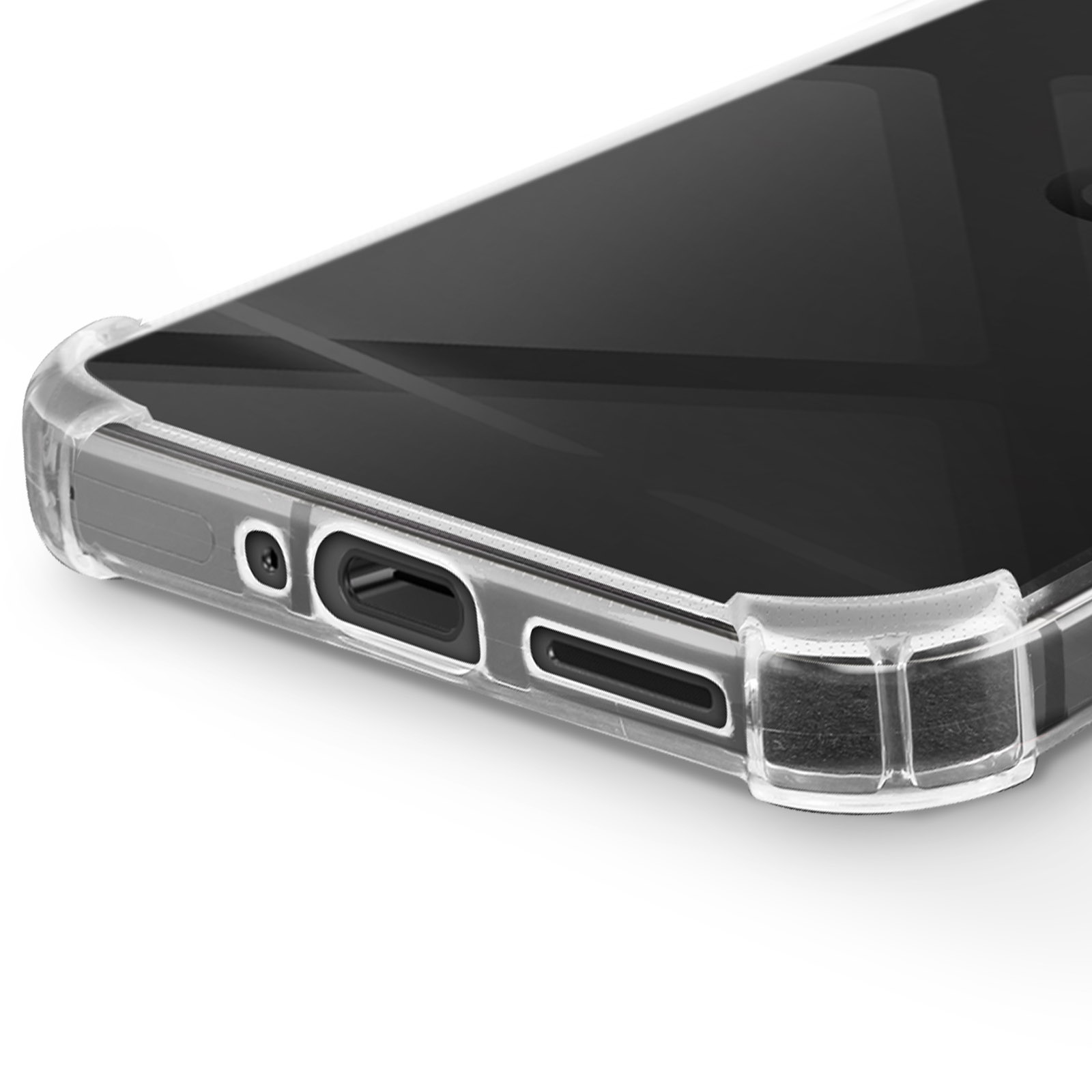 Primo piano di custodia trasparente per telefono, con porte e pulsanti visibili. Bordi protetti.