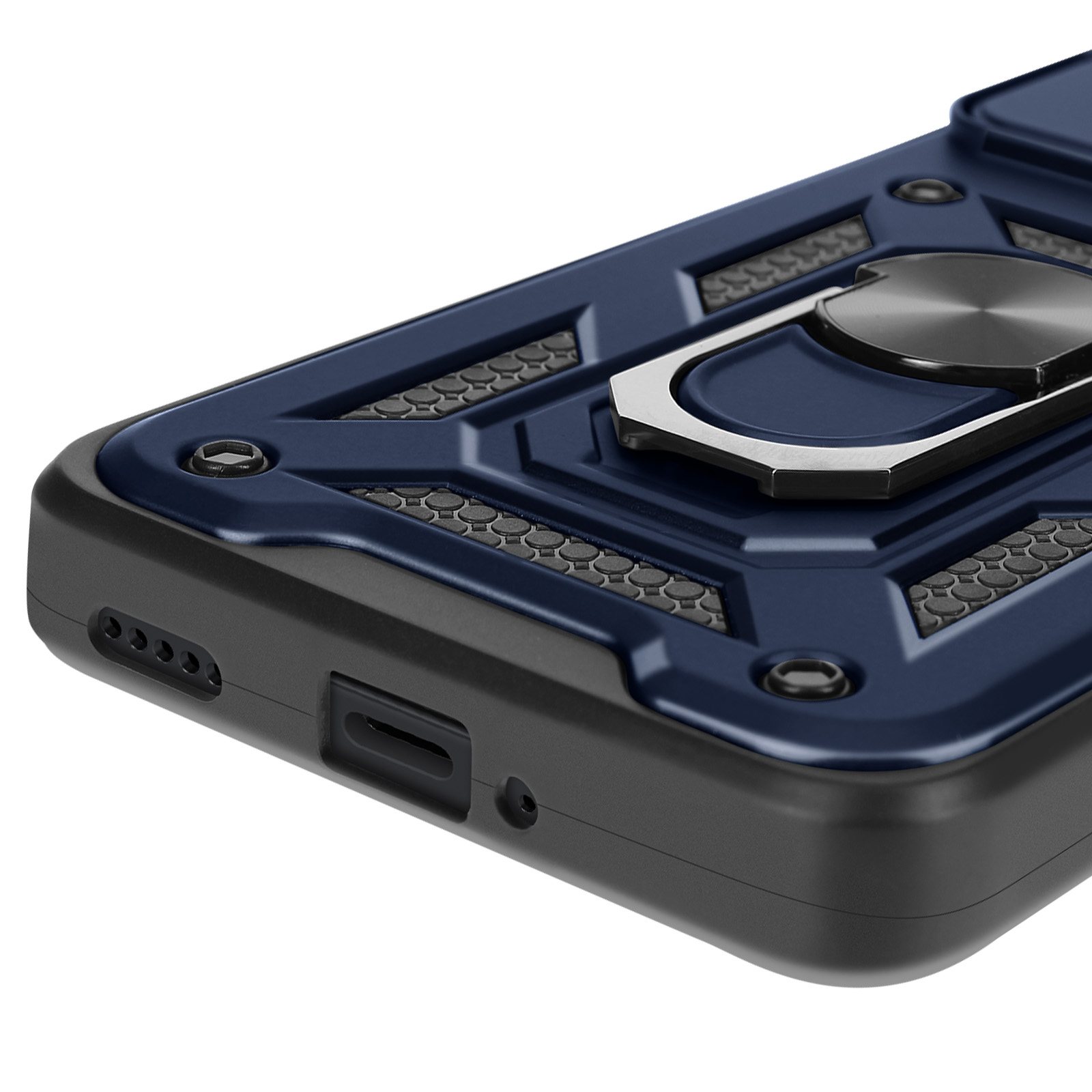 Primo piano di una custodia per telefono blu con un supporto ad anello argentato e dettagli neri.