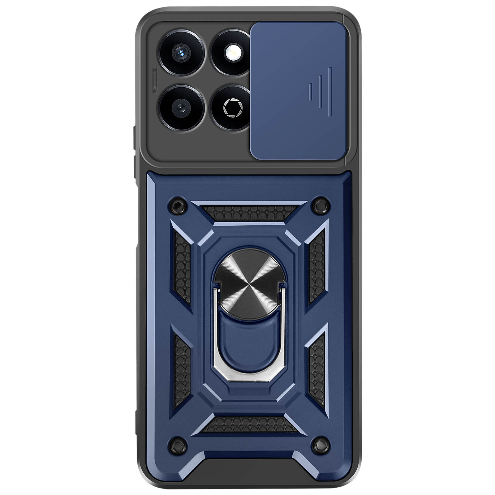 Custodia per telefono blu e nera con copertura fotocamera e anello di supporto.