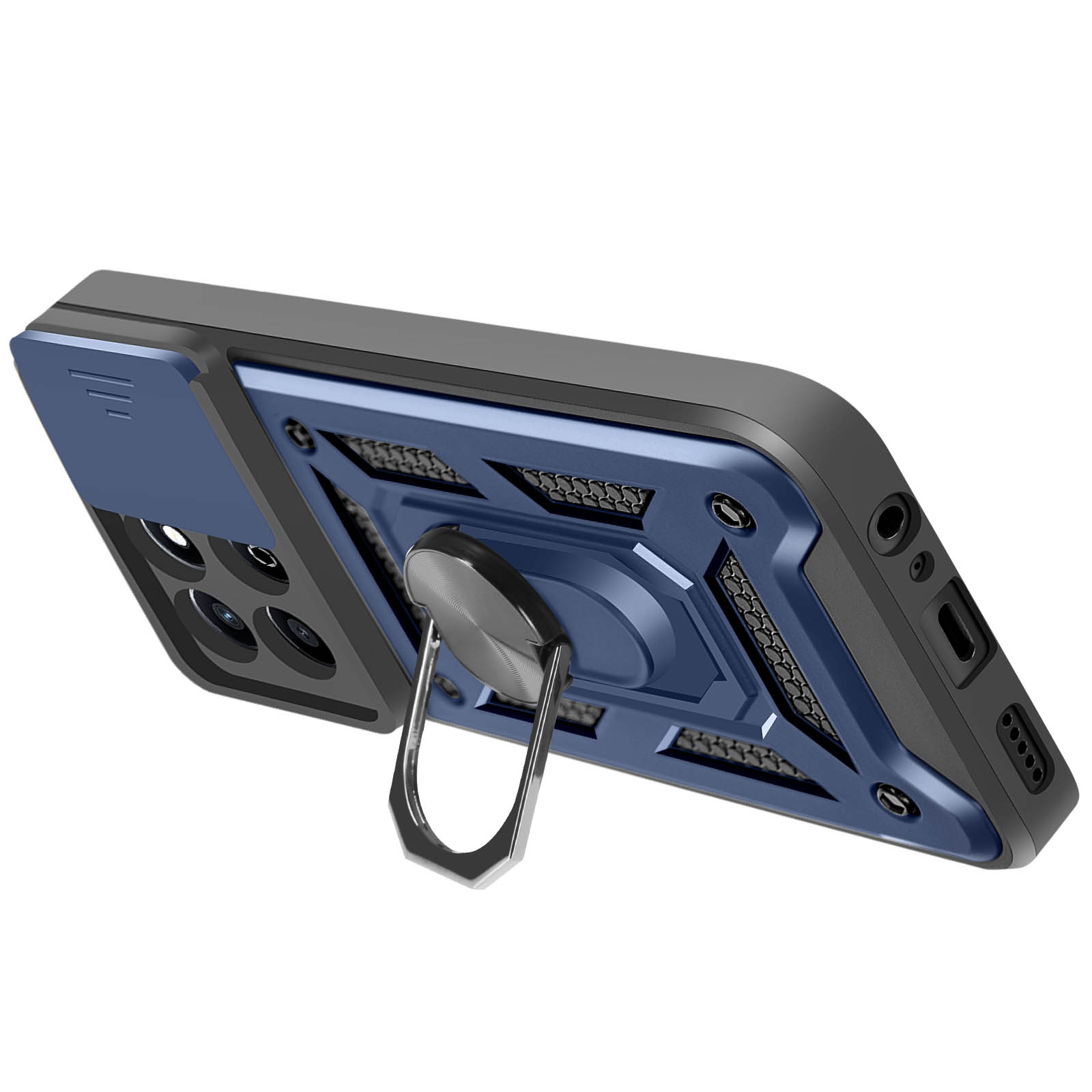 Custodia per telefono blu e nera con protezione fotocamera. Supporto ad anello argentato sul retro.