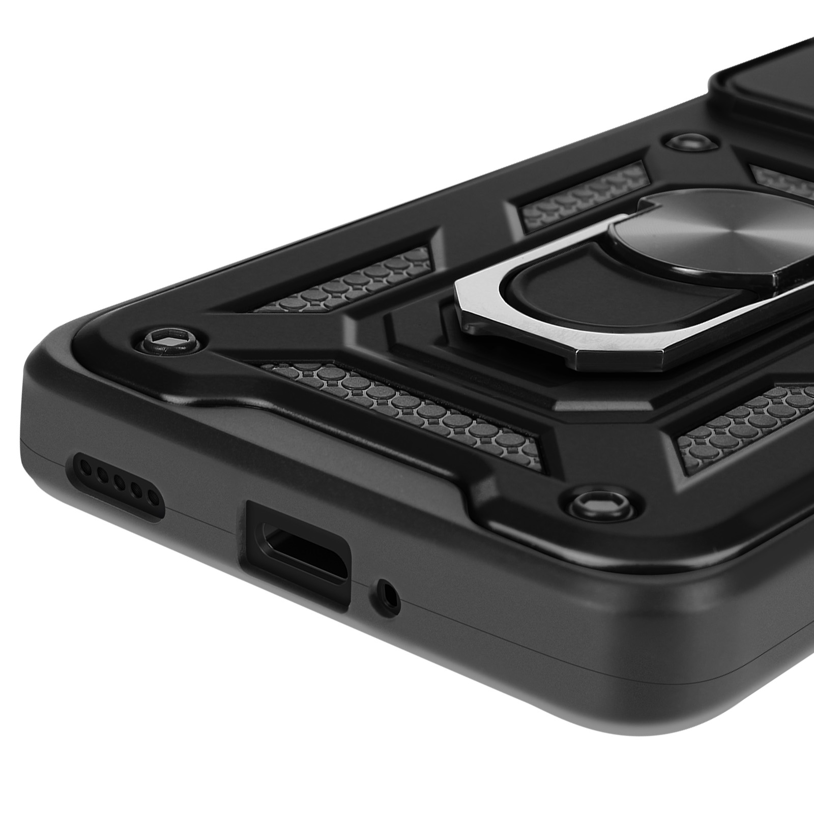 Primo piano di una custodia nera per telefono con un anello di supporto.