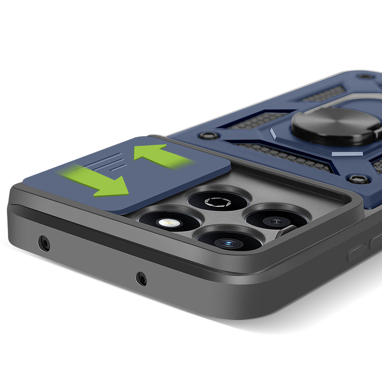Custodia per telefono blu scuro con protezione fotocamera. La custodia è aperta.