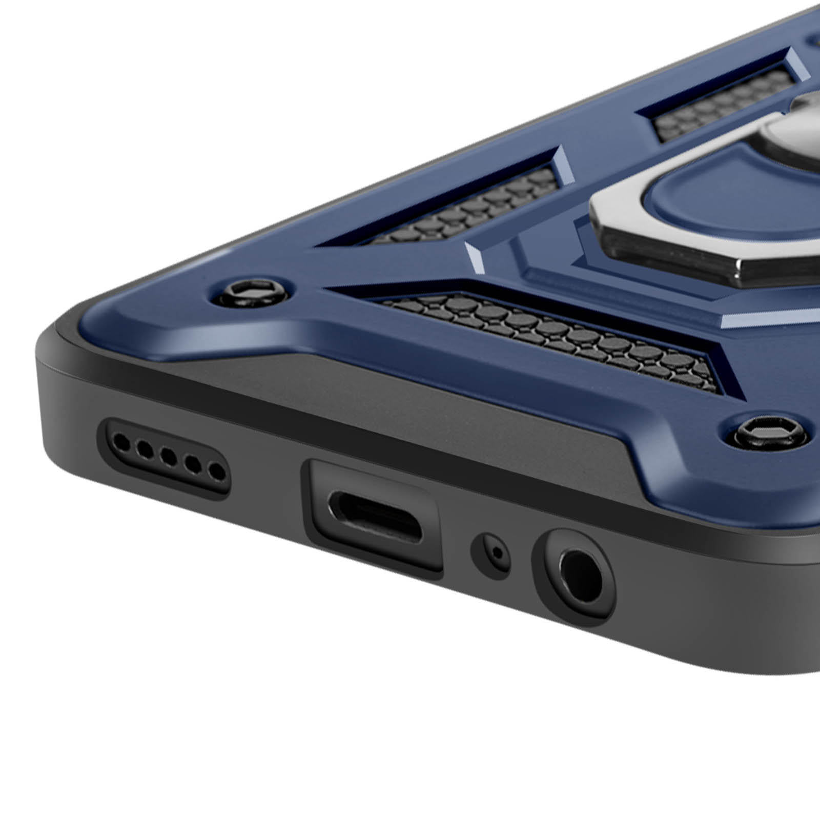 Primo piano di una custodia blu per telefono con un supporto ad anello argentato e una cornice nera, che mostra porte e fori.