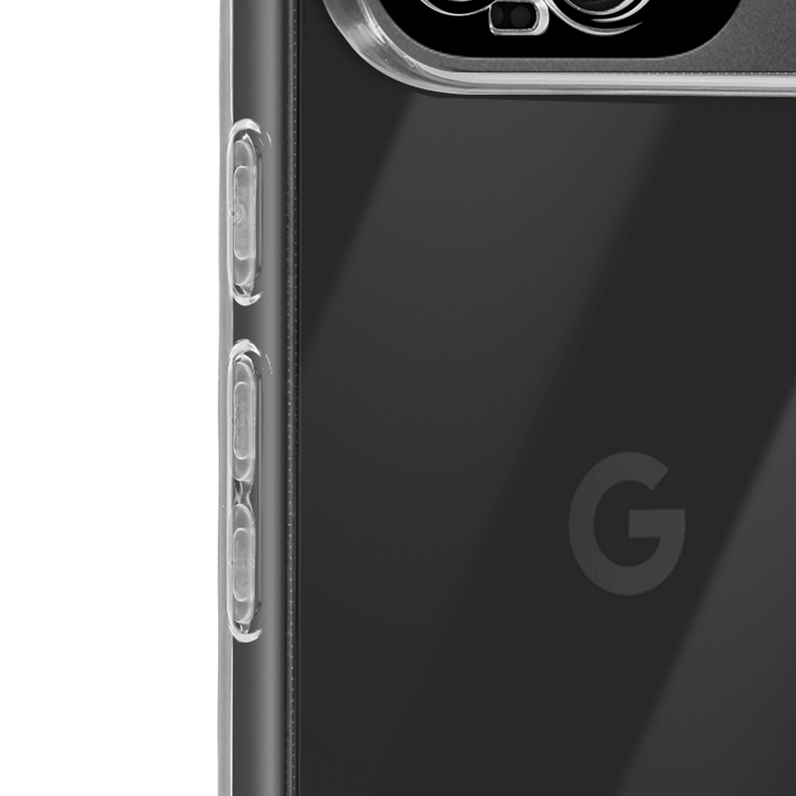 Primo piano di un telefono con custodia trasparente, che mostra il logo Google.