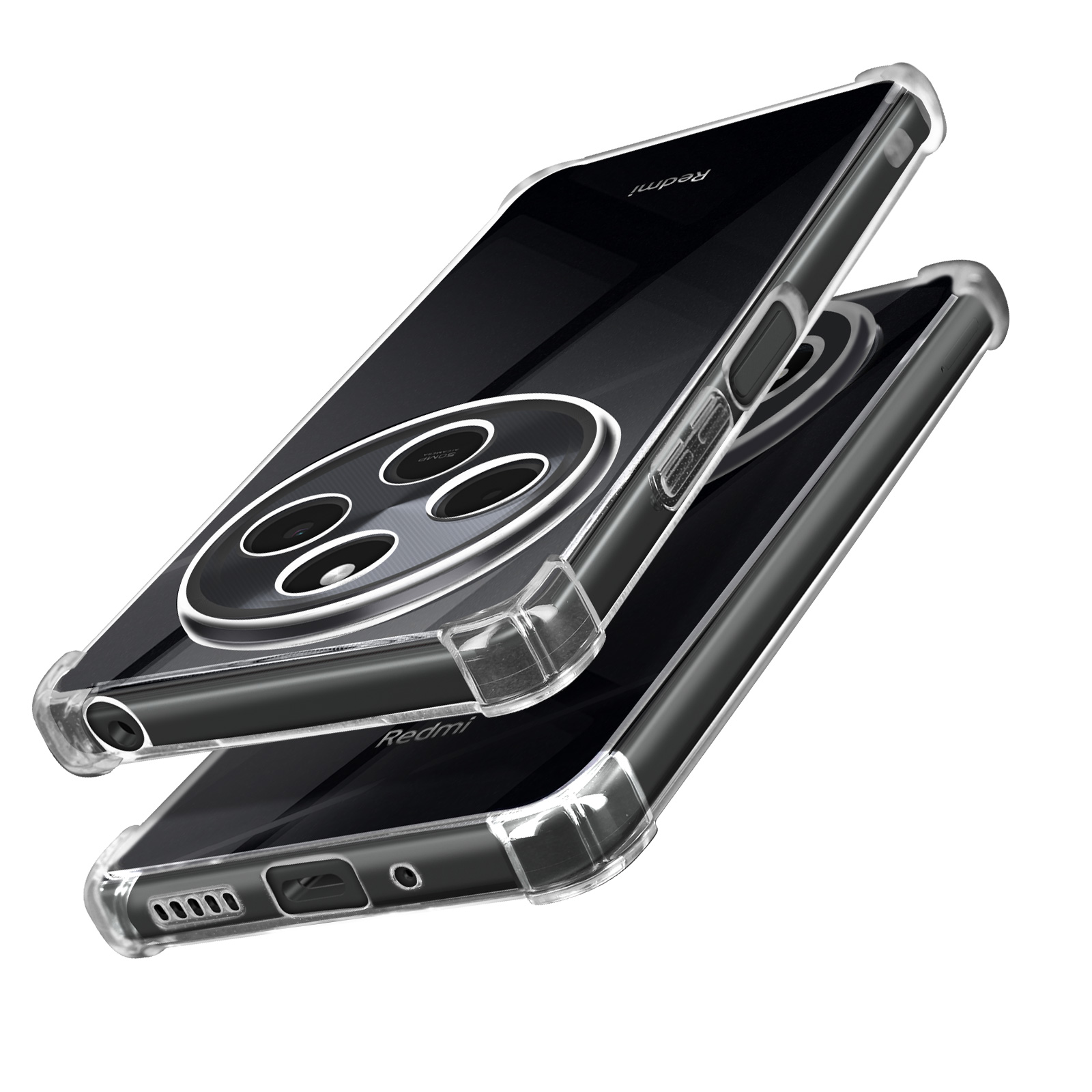 Due custodie trasparenti per telefono impilate. Le custodie mostrano le fotocamere del telefono e il marchio Redmi.