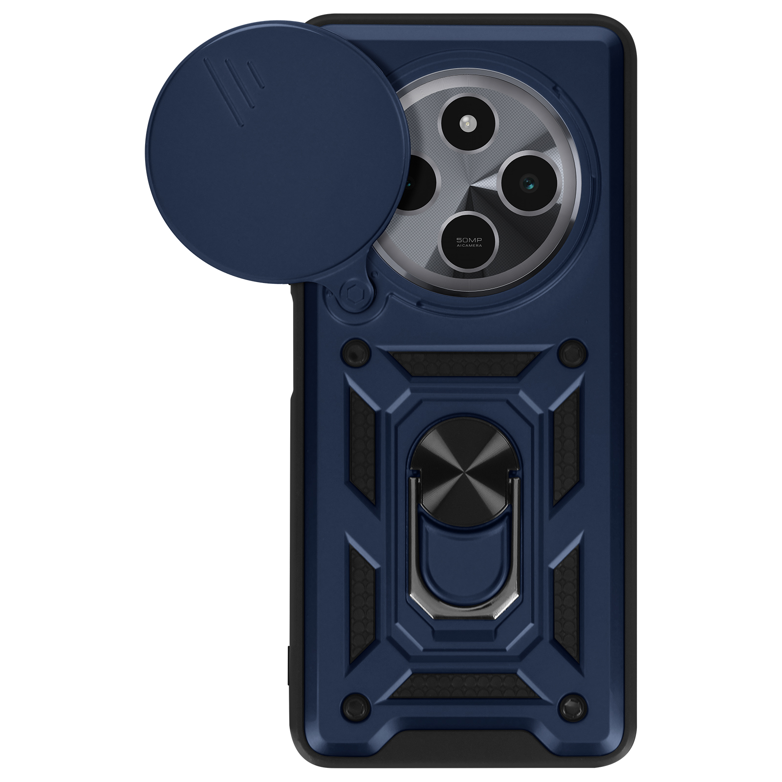 Custodia blu per telefono con copriobiettivo e anello, su sfondo bianco.