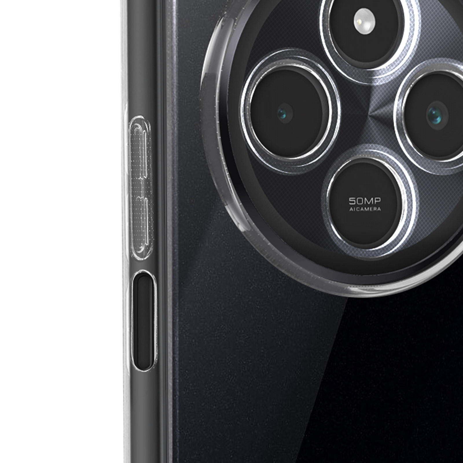 Primo piano della fotocamera di un telefono con più obiettivi e le parole 50MP AI CAMERA.