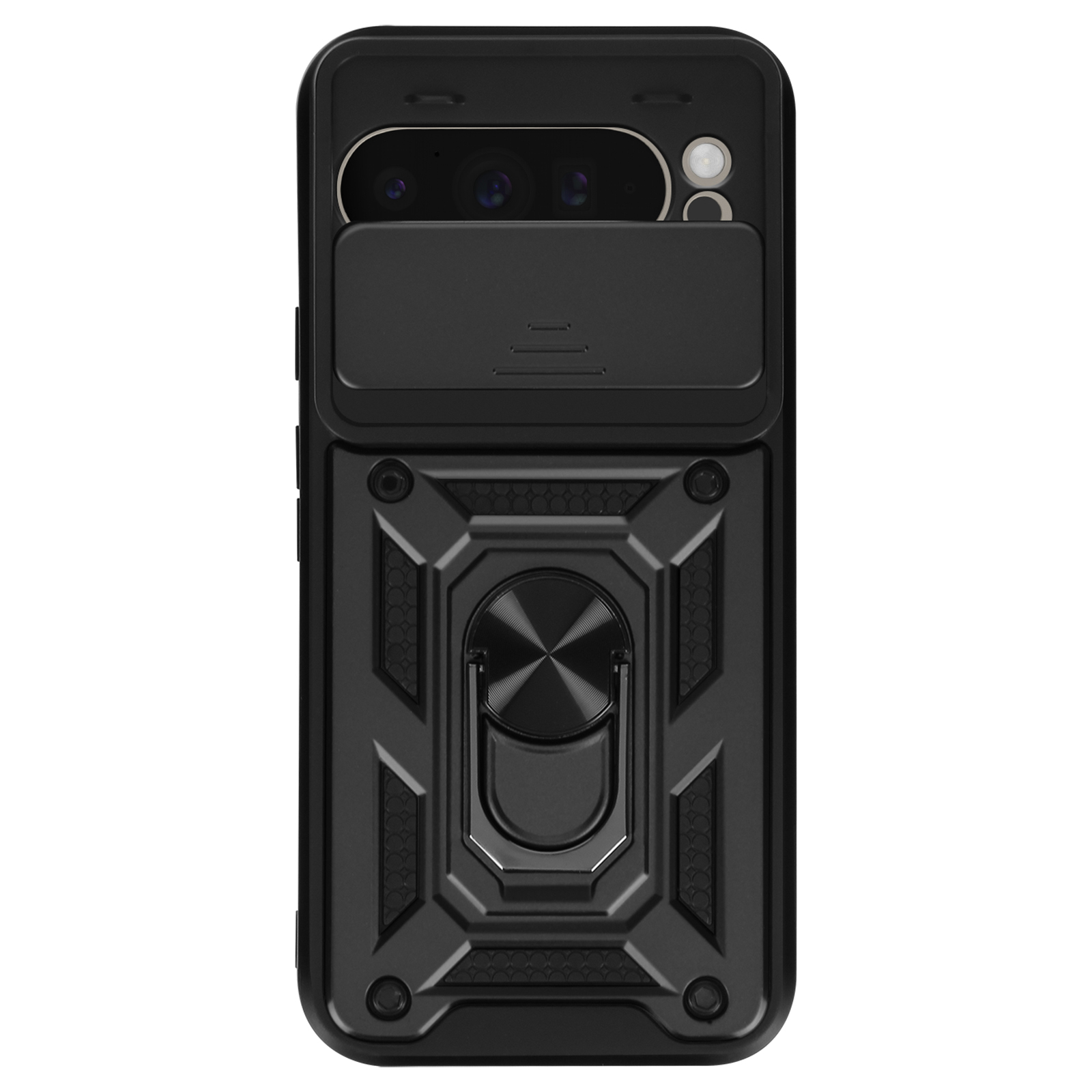 Custodia nera per telefono con copertura fotocamera e anello. Su sfondo bianco.