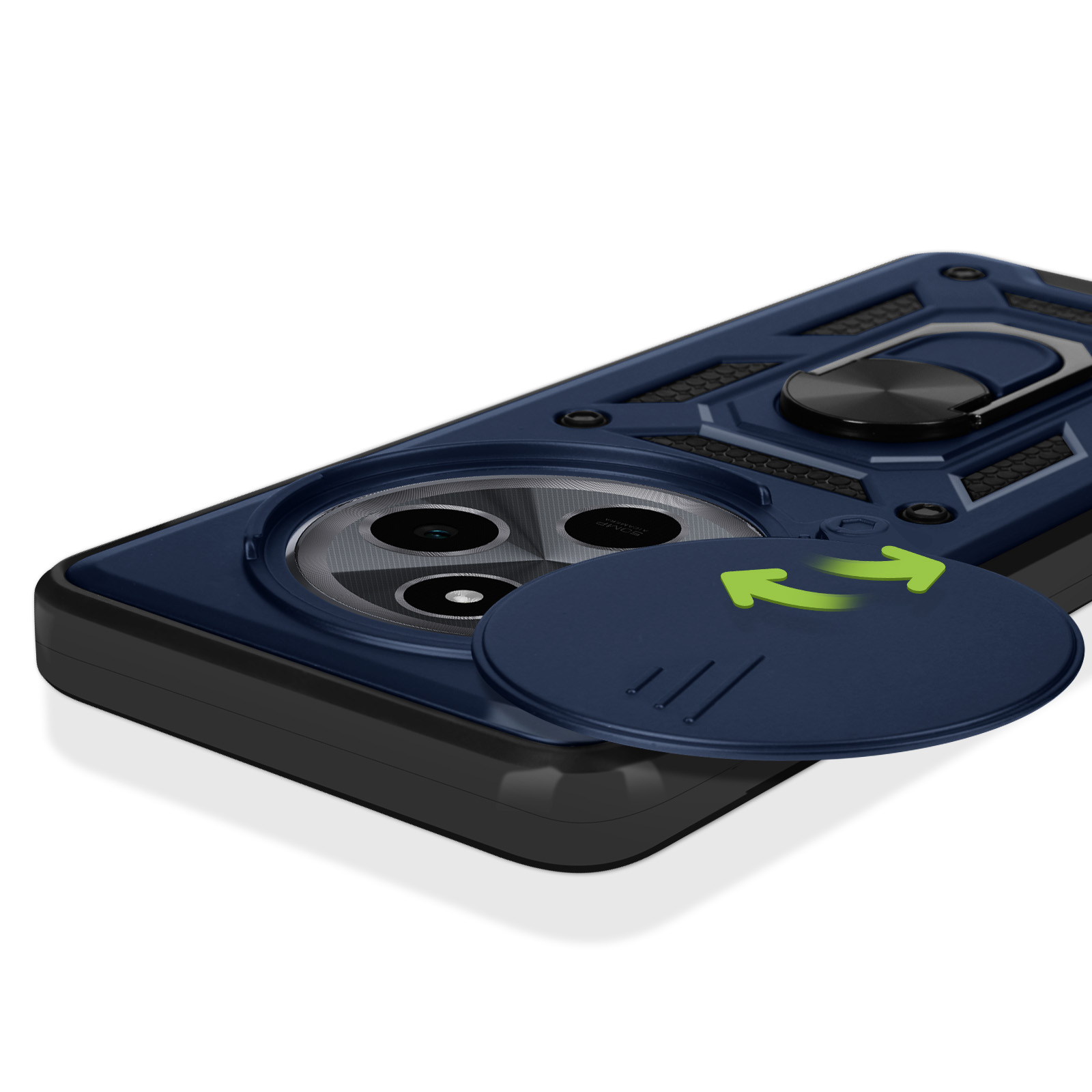 Custodia blu navy con copertura fotocamera aperta, che rivela le lenti. Supporto ad anello nero.