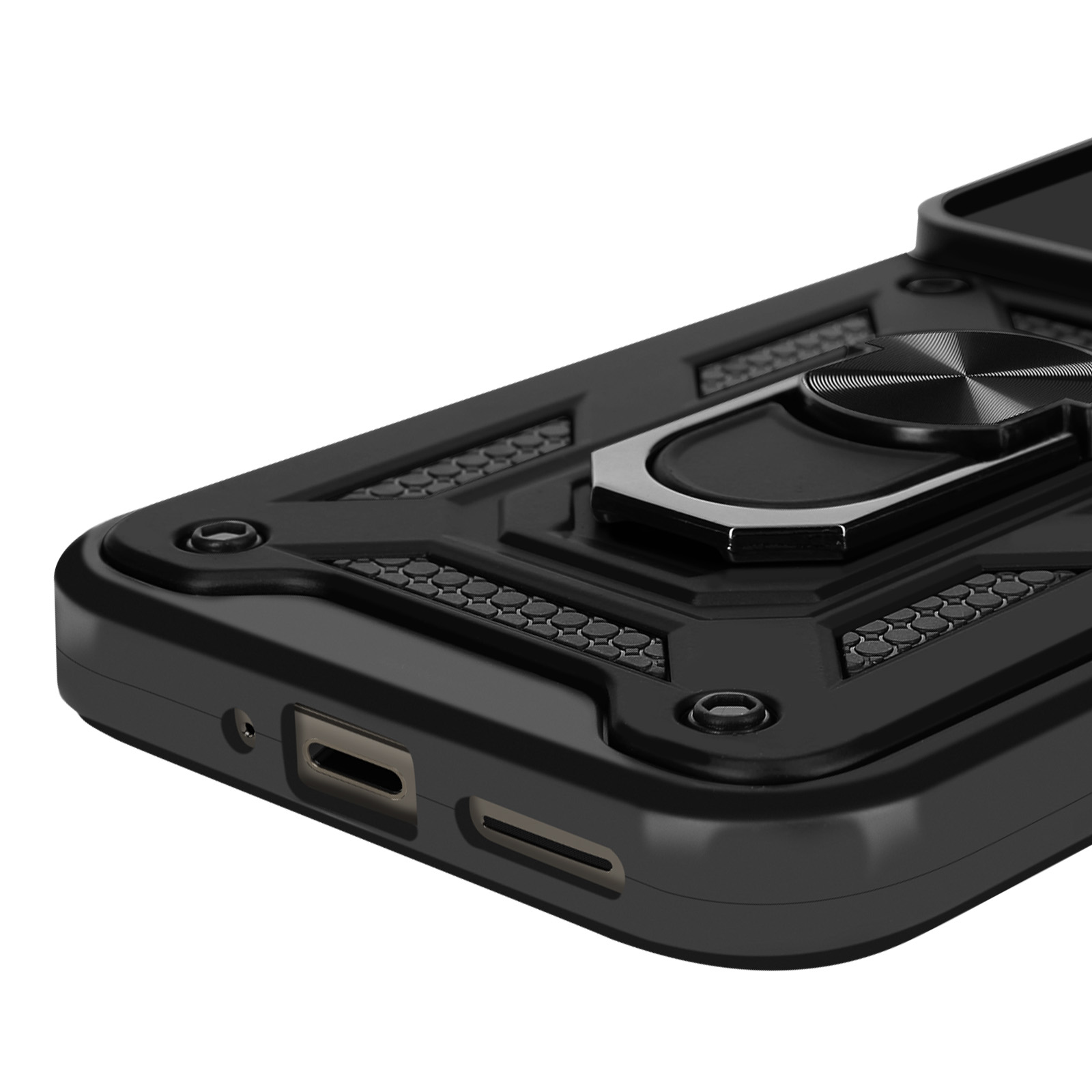 Primo piano di una custodia nera per telefono con un supporto ad anello.