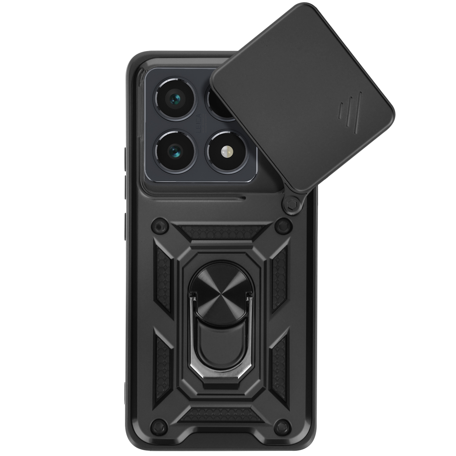 Custodia per telefono nera con copertura scorrevole per la fotocamera e supporto ad anello.