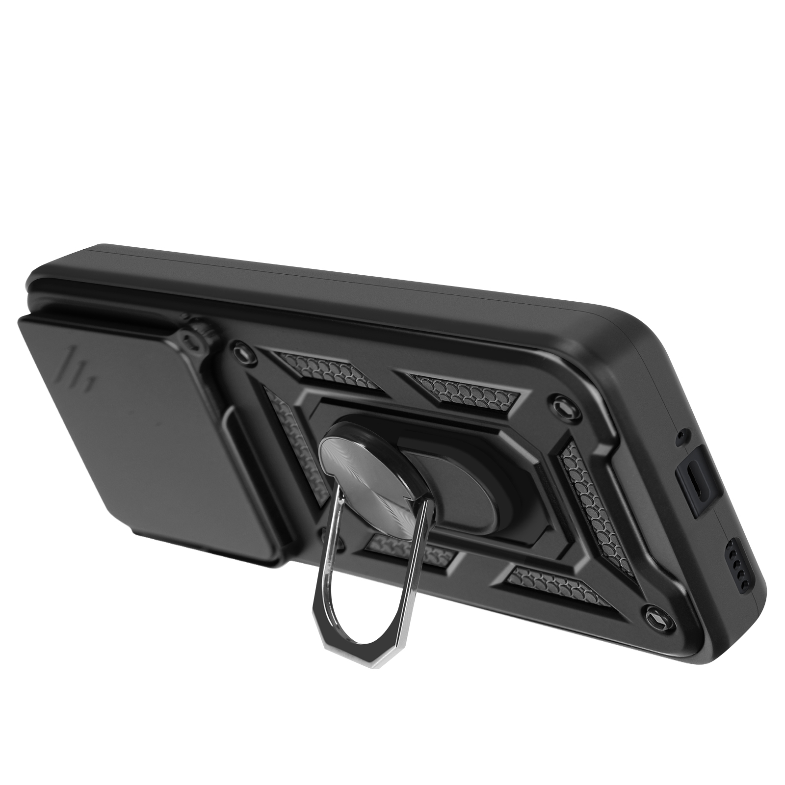 Custodia per telefono nera con supporto ad anello e protezione fotocamera. La custodia è chiusa.