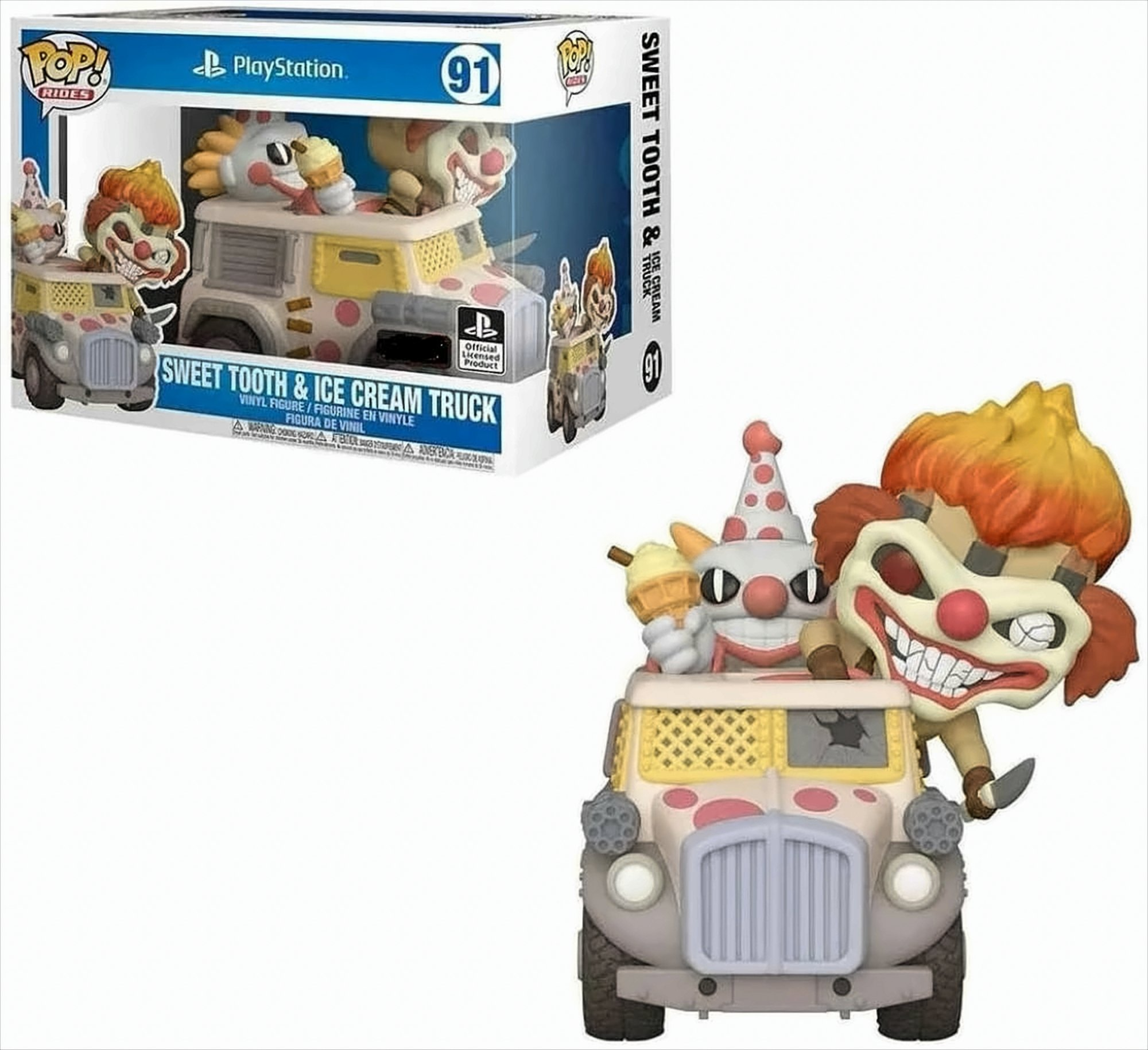 Sweet Tooth Eiswagen-Figur mit Sweet Tooth und Clown-Figur davor.