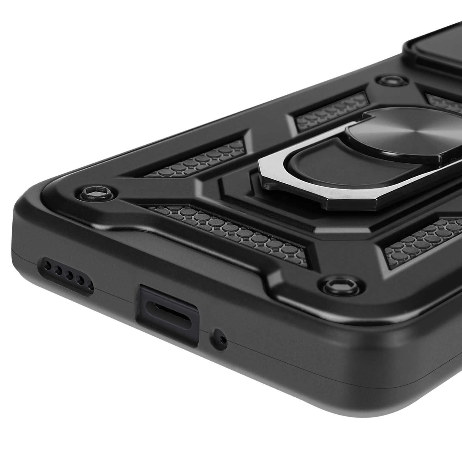 Custodia per telefono nera con un anello in metallo. La custodia ha un design robusto.