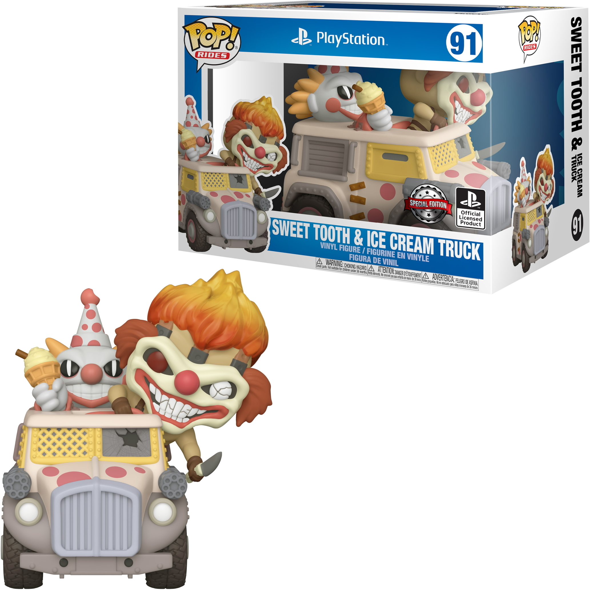 Ein Funko Pop eines Clown-Eiswagens, mit der Box im Hintergrund.