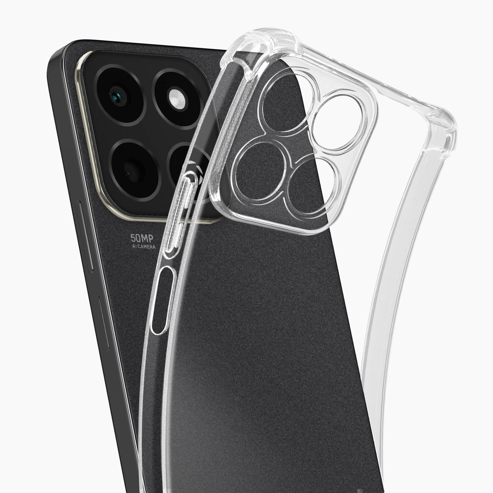 Telefono con custodia. Telefono nero con custodia trasparente. La custodia circonda il telefono.