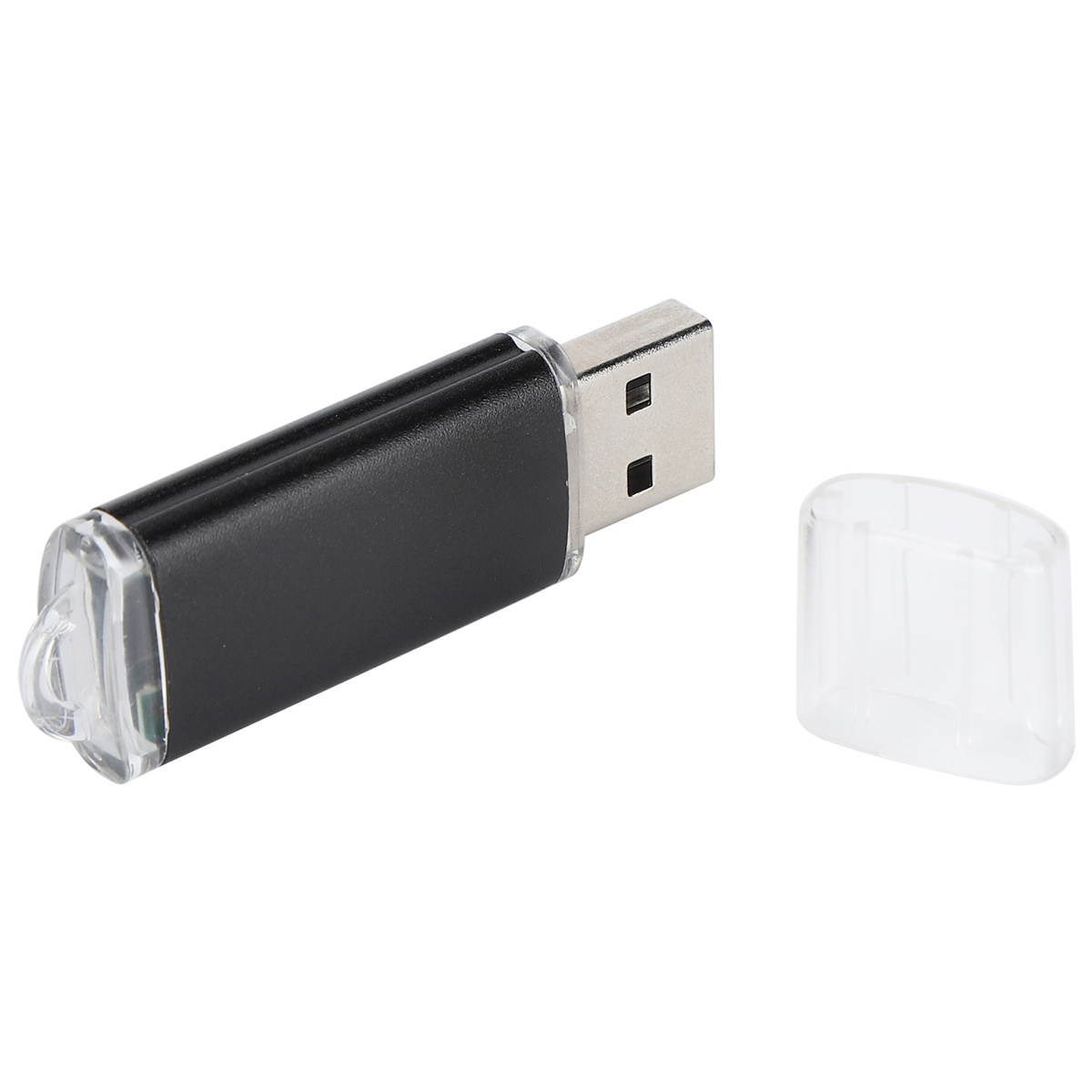 Schwarzer USB-Stick mit durchsichtiger Kappe, offen.