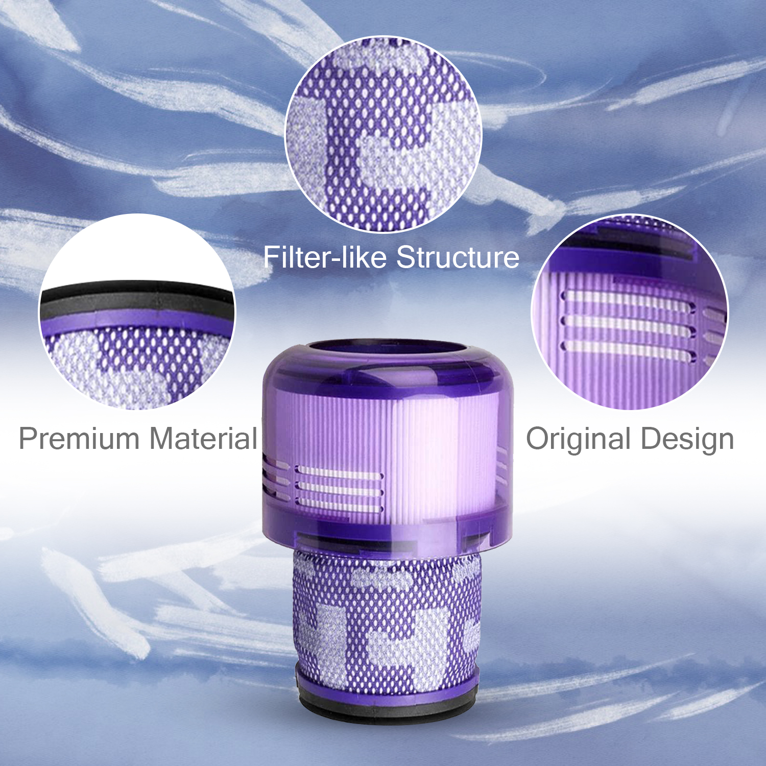 Fioletowy filtr Dyson o strukturze podobnej do filtra, wysokiej jakości materiale i oryginalnym designie.