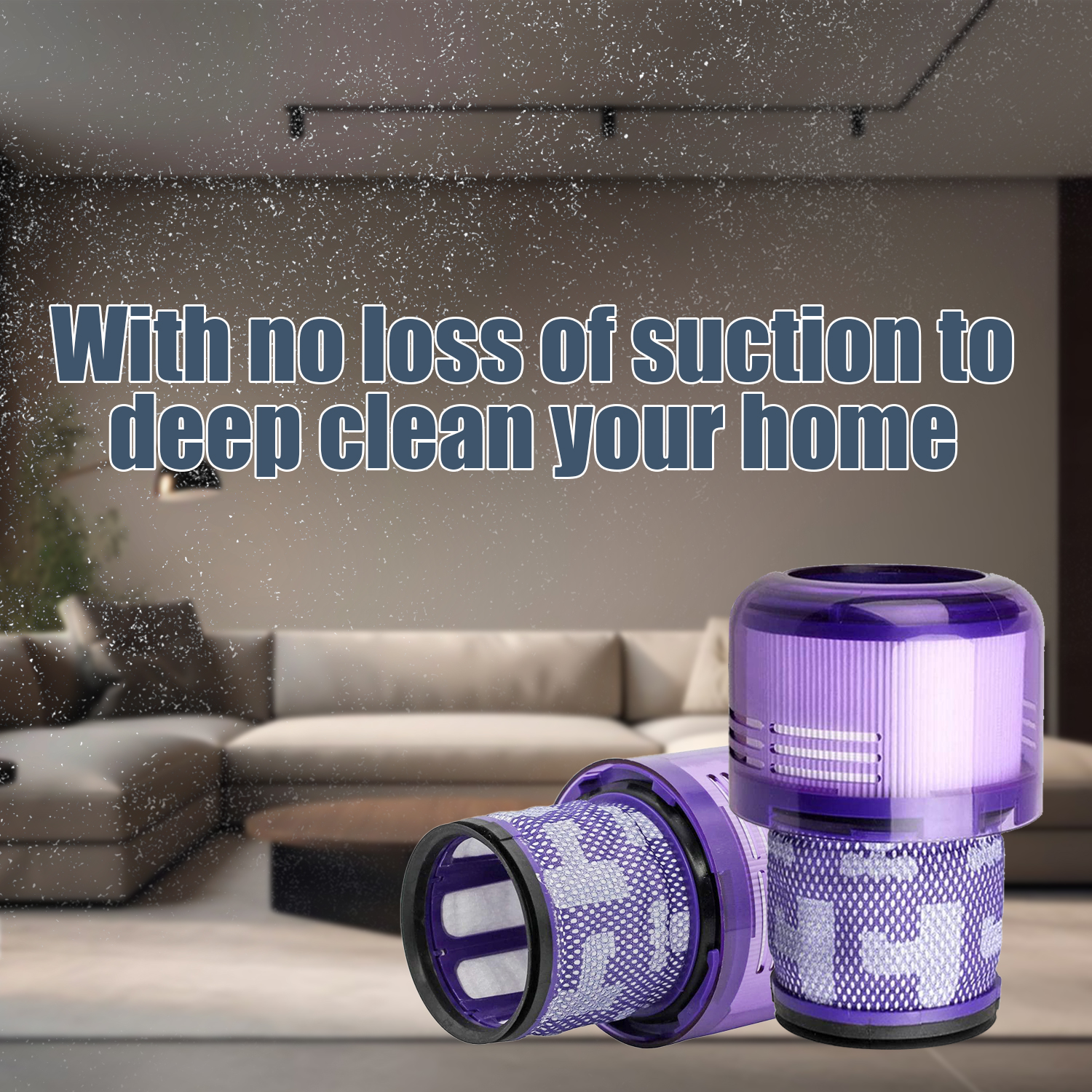Fioletowy odkurzacz z filtrami i tekstem 'no loss of suction'.