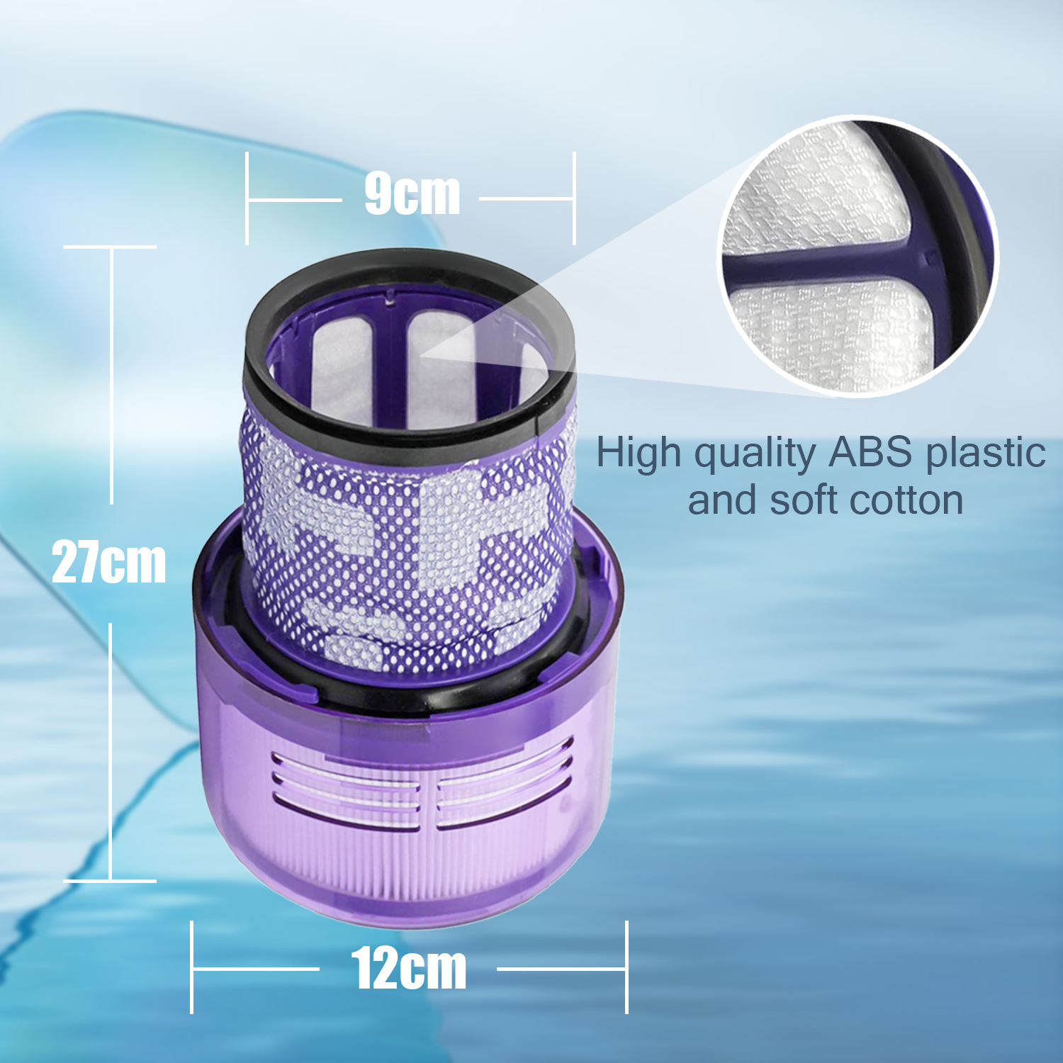 Fioletowy filtr o wymiarach 27 cm wysokości i 12 cm szerokości. Wysokiej jakości tworzywo ABS.