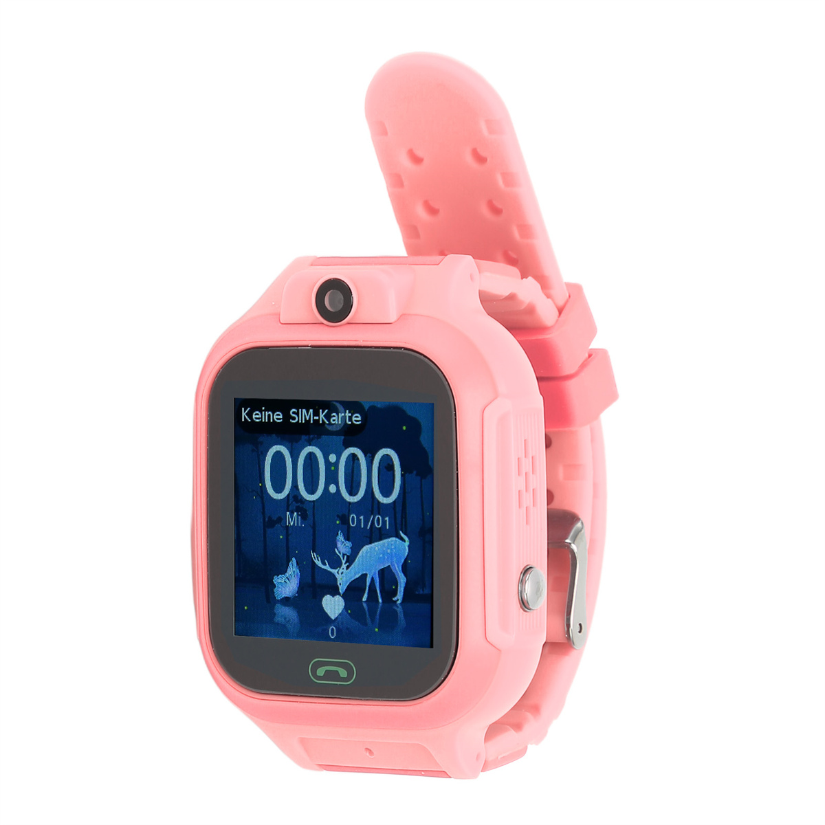 Rosa Smartwatch mit schwarzem Bildschirm, der die Uhrzeit anzeigt. Oben befindet sich eine Kamera. Das Armband ist geöffnet.