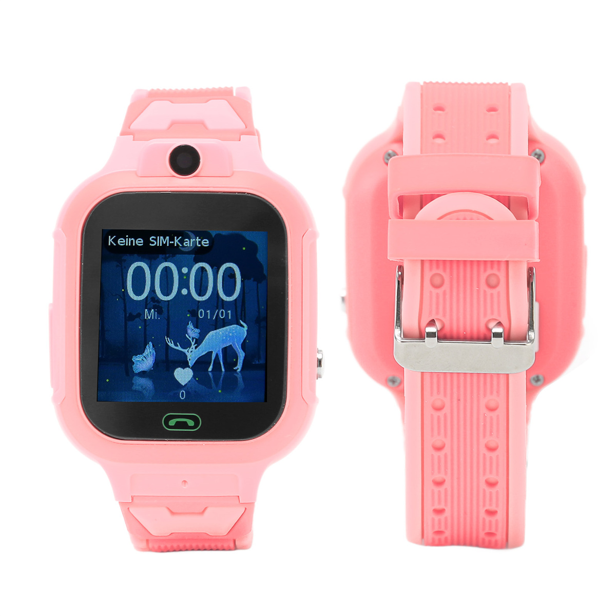 Eine rosa Smartwatch mit Anzeige von Zeit und Grafiken, Vorder- und Rückseite, mit pinkfarbenem Armband.