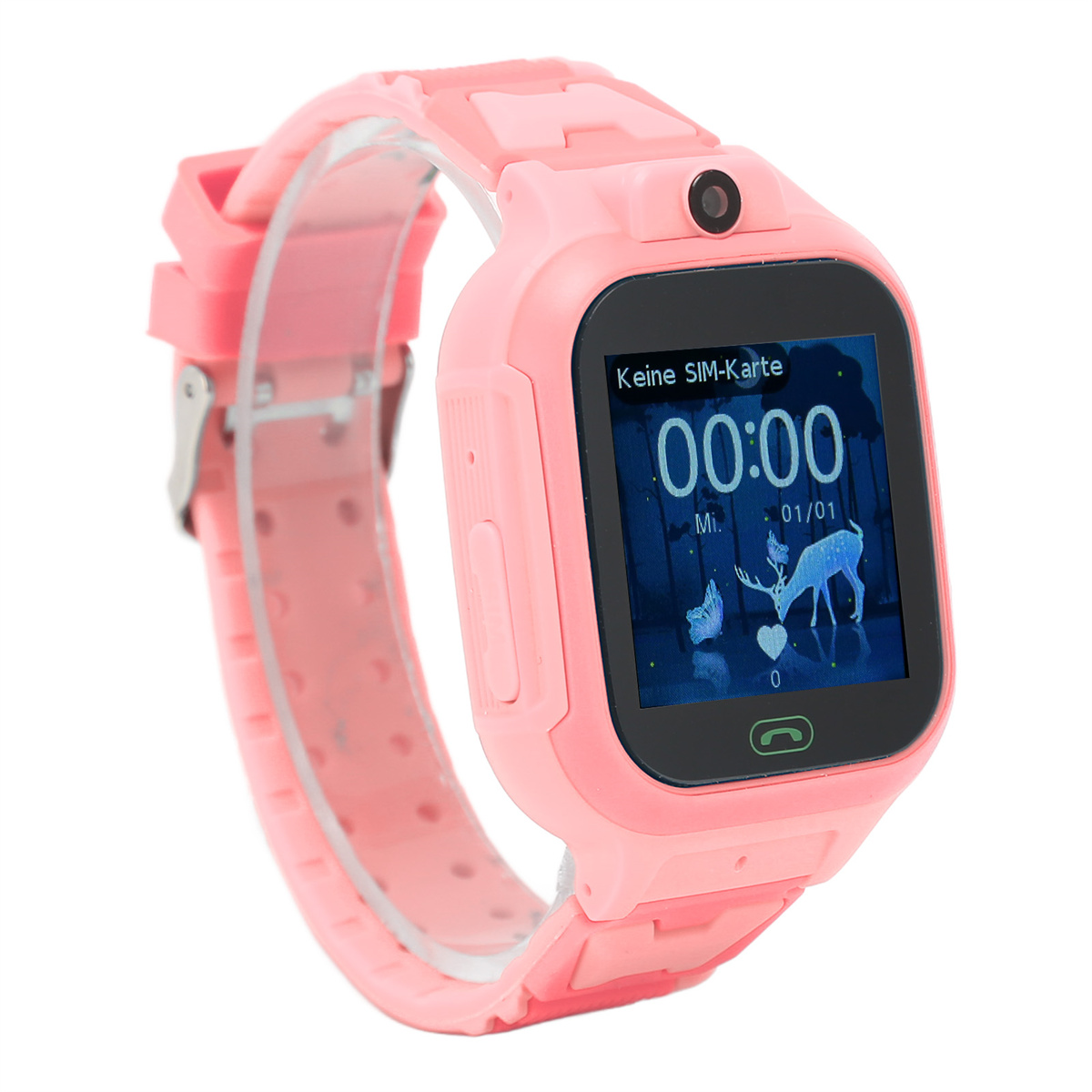 Rosa Smartwatch mit Zeitanzeige. Das Armband ist ebenfalls rosa. Der Hintergrund ist weiß.