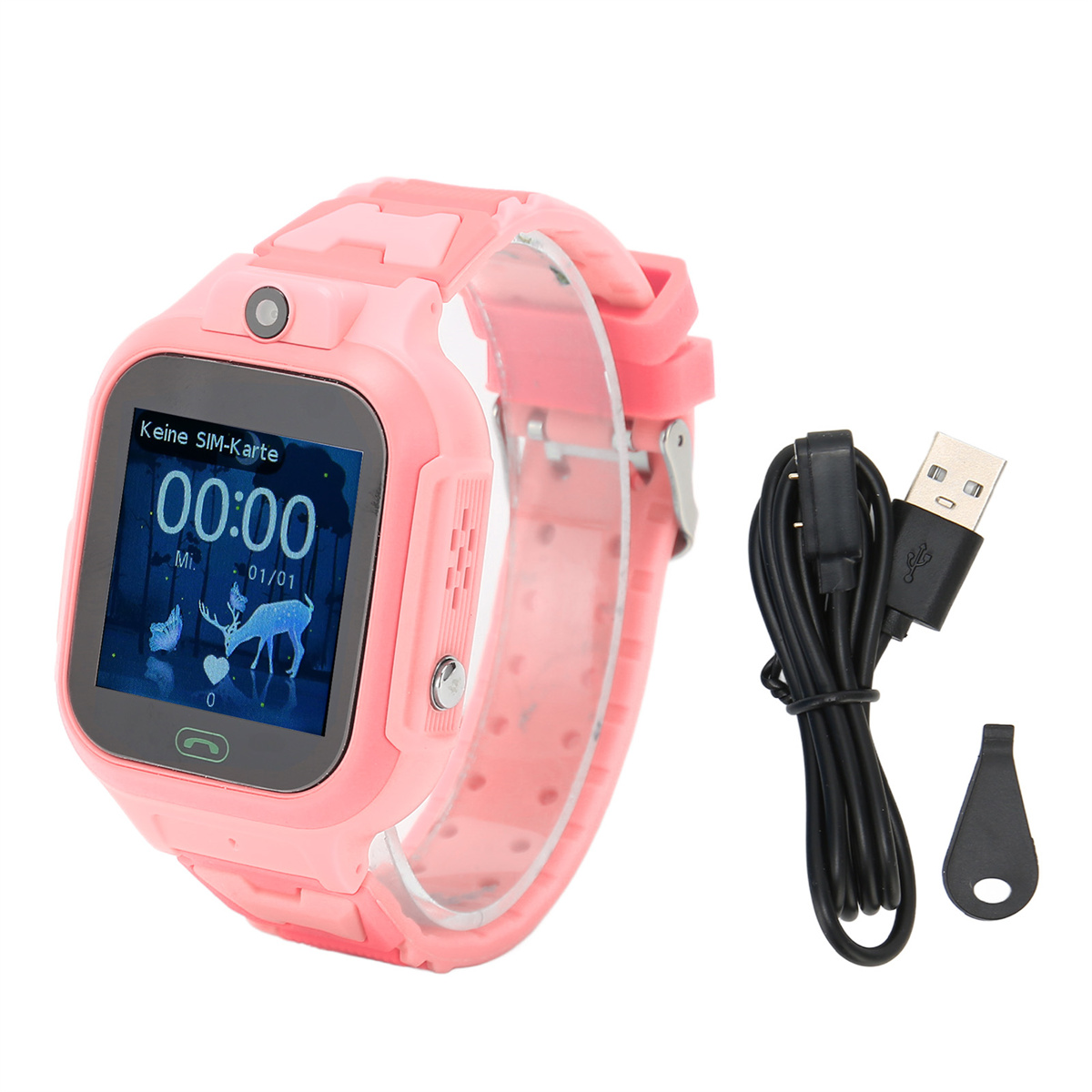 Pinke Smartwatch mit Anzeige 00:00. Inklusive USB-Kabel und Werkzeug.