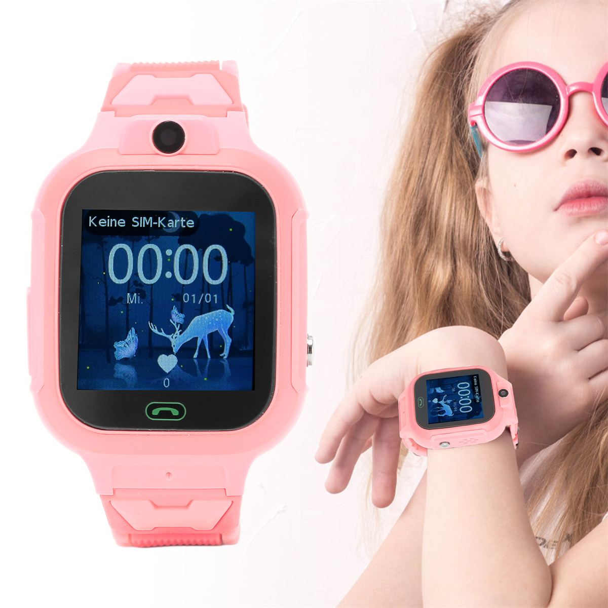 Rosa Smartwatch mit Kinderhand und Gesicht.