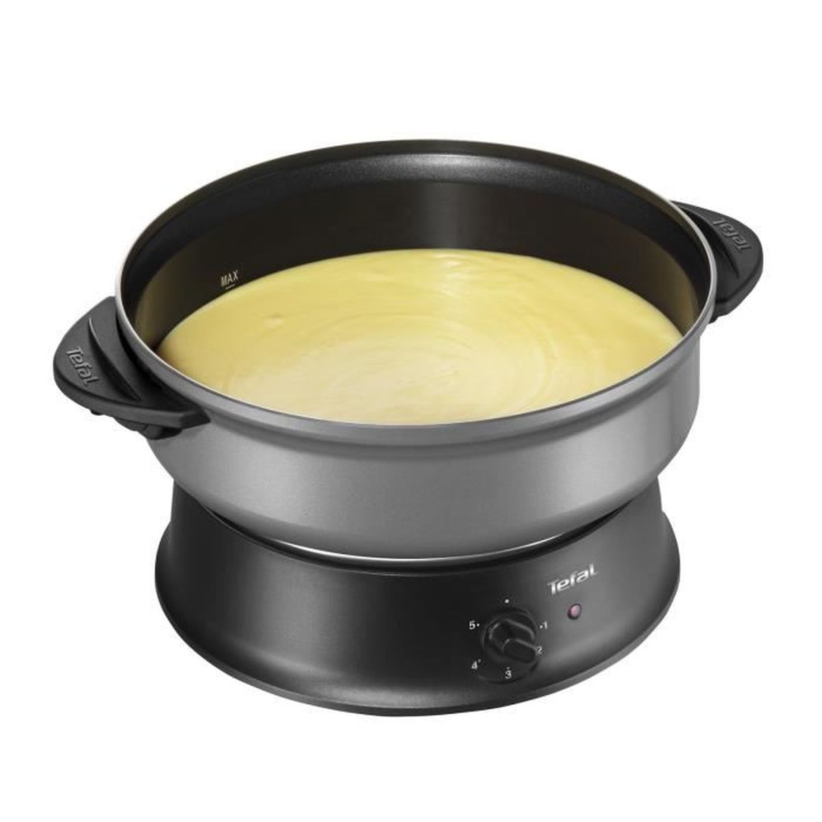 Ein silbernes Tefal-Fondue-Set mit schwarzem Sockel und Drehknopf. Der Topf enthält gelbe Flüssigkeit.