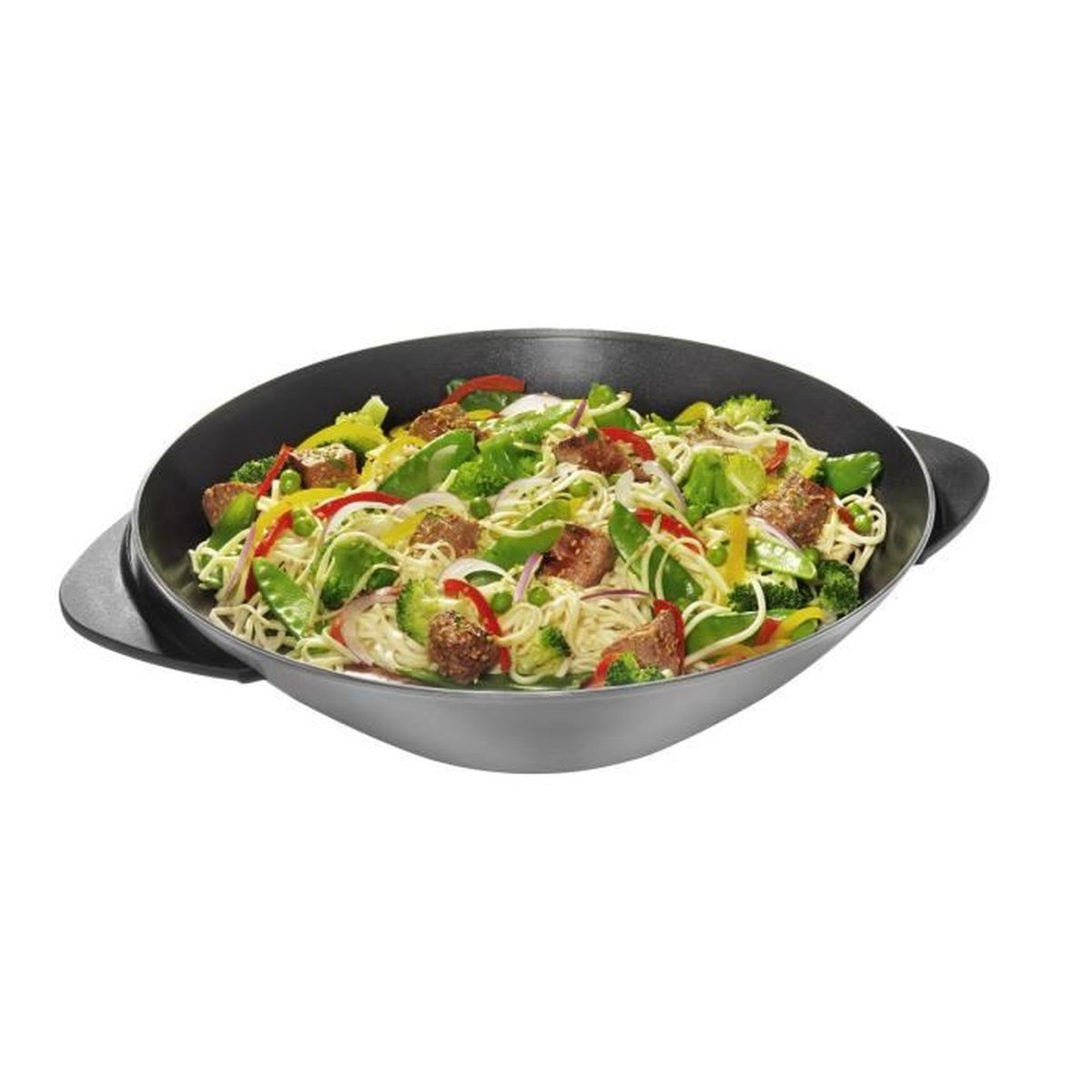 Wok-Pfanne mit Nudeln, Gemüse und Fleisch. Köstlich aussehendes asiatisches Essen.