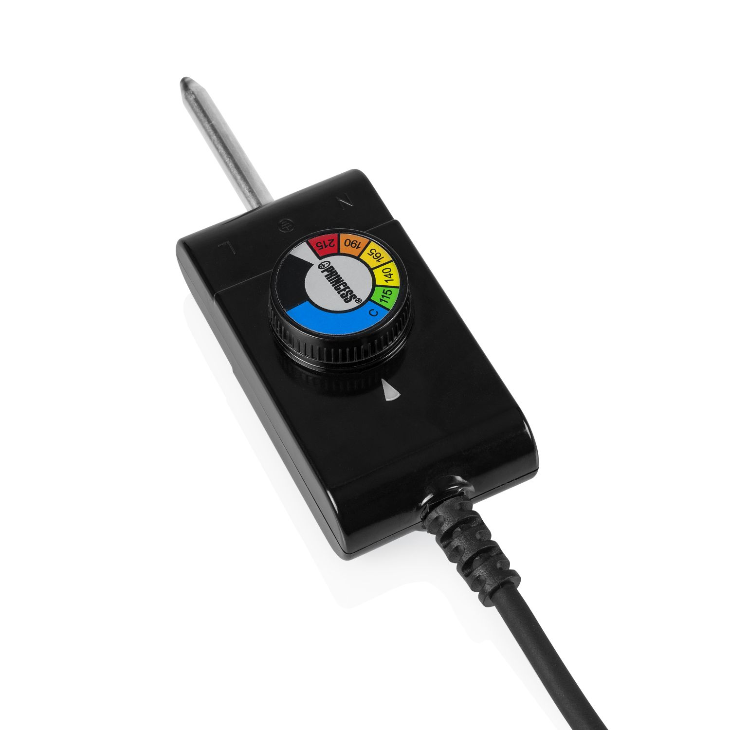 Un control de temperatura negro con un dial que muestra los ajustes de temperatura y una sonda.