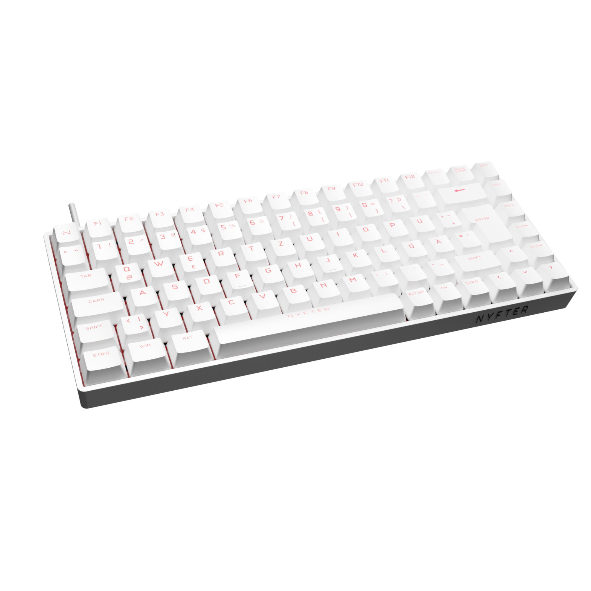 Weiße Tastatur mit rot beleuchteten Tasten. Die Tastatur liegt auf dunklem Untergrund.