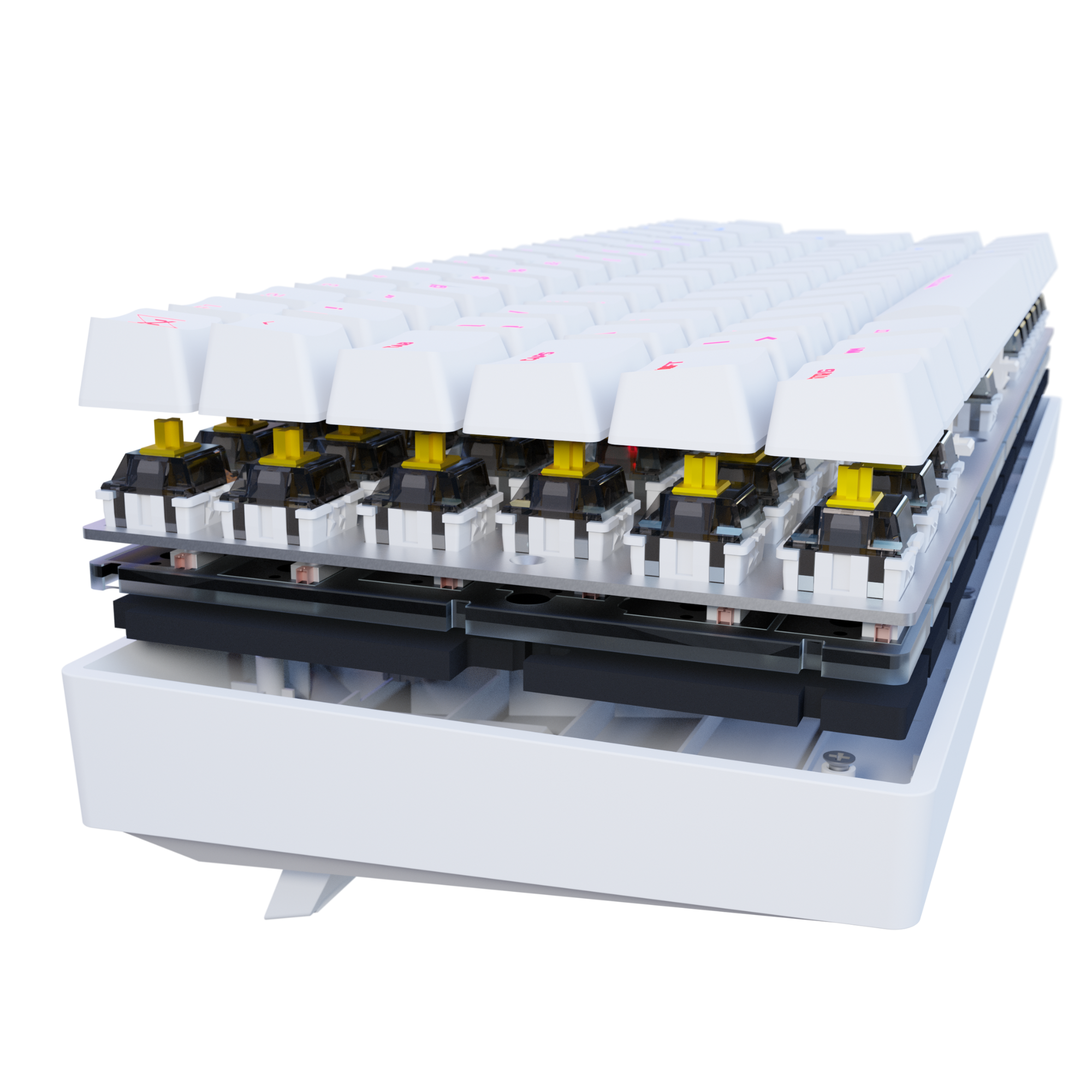 Eine weiße mechanische Tastatur ist aufgeschnitten. Die Tasten sind weiß mit rosa Markierungen. Die Innenteile sind sichtbar.