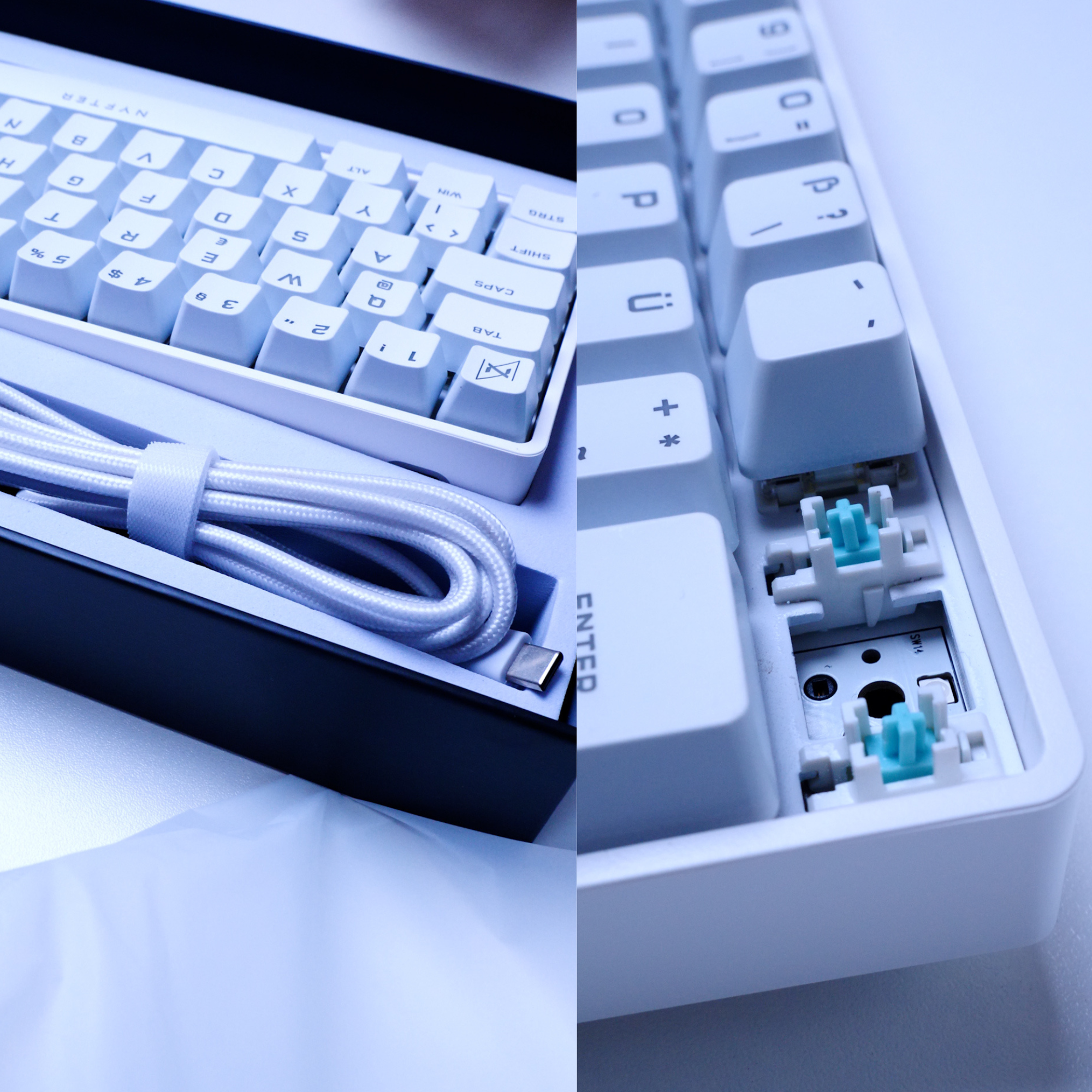 Zwei Fotos einer weißen Tastatur. Eines zeigt die Tastatur in ihrem Gehäuse, das andere die Schalter.