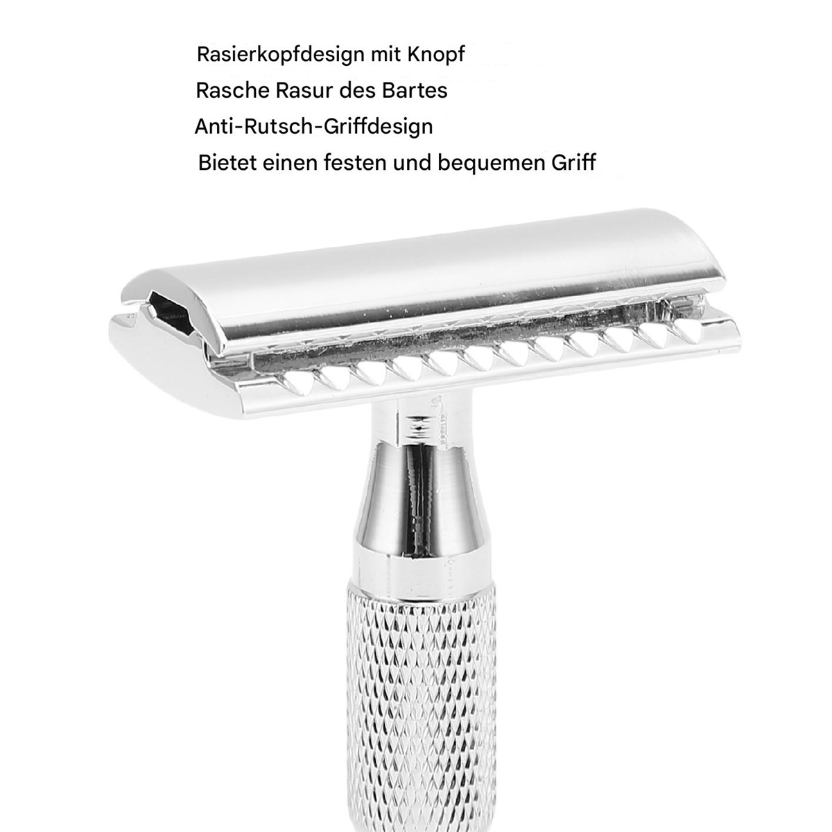 Silberner Rasierer mit strukturiertem Griff und Klinge, auf weißem Hintergrund.
